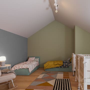 a room with a crib and bed