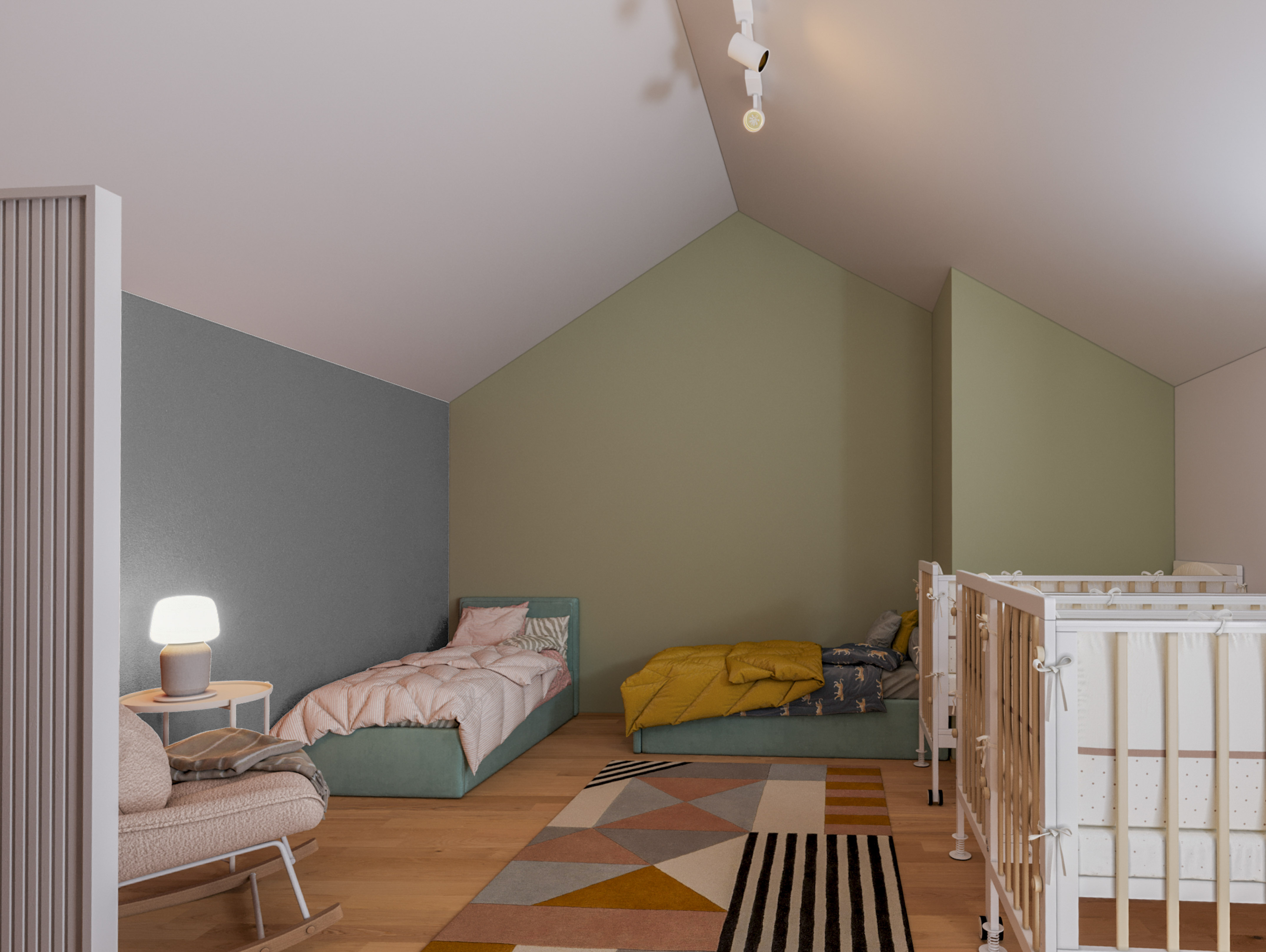 a room with a crib and bed