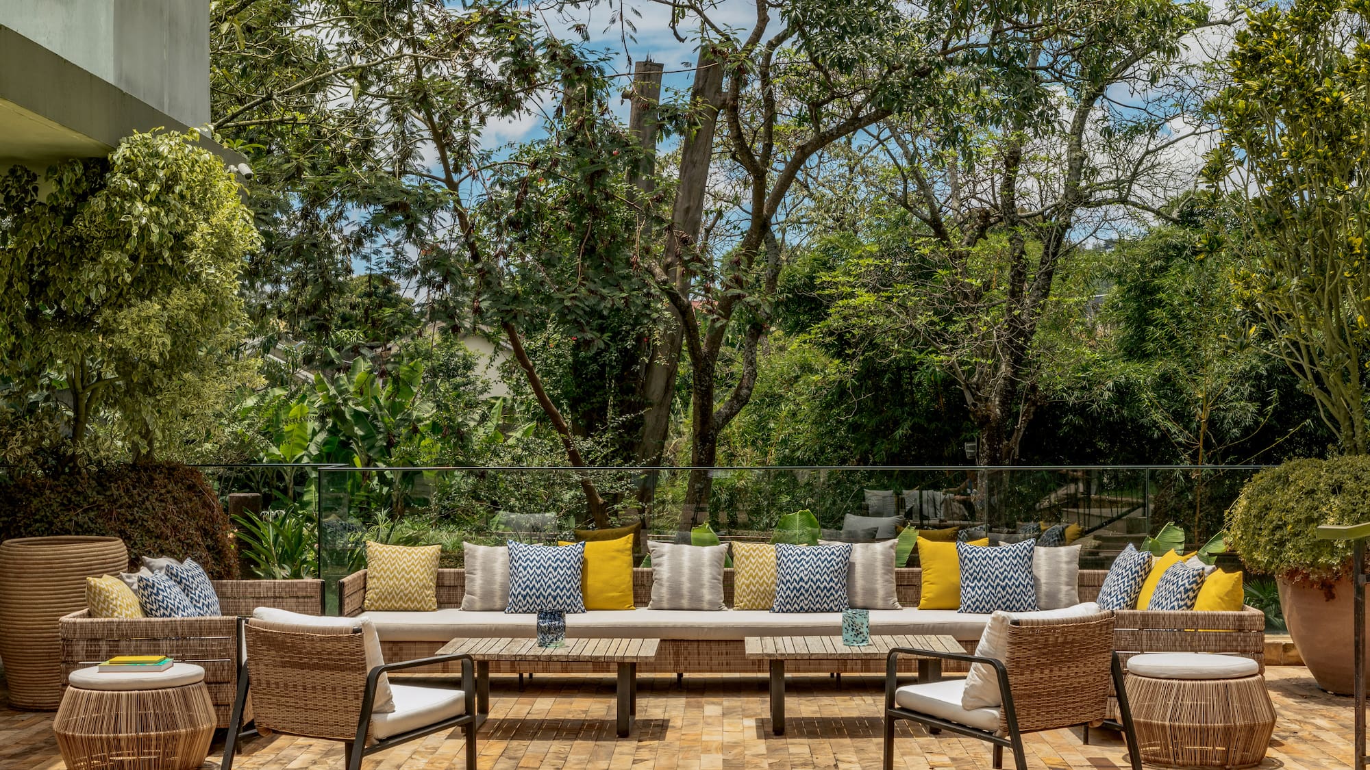 a patio with a table and chairs