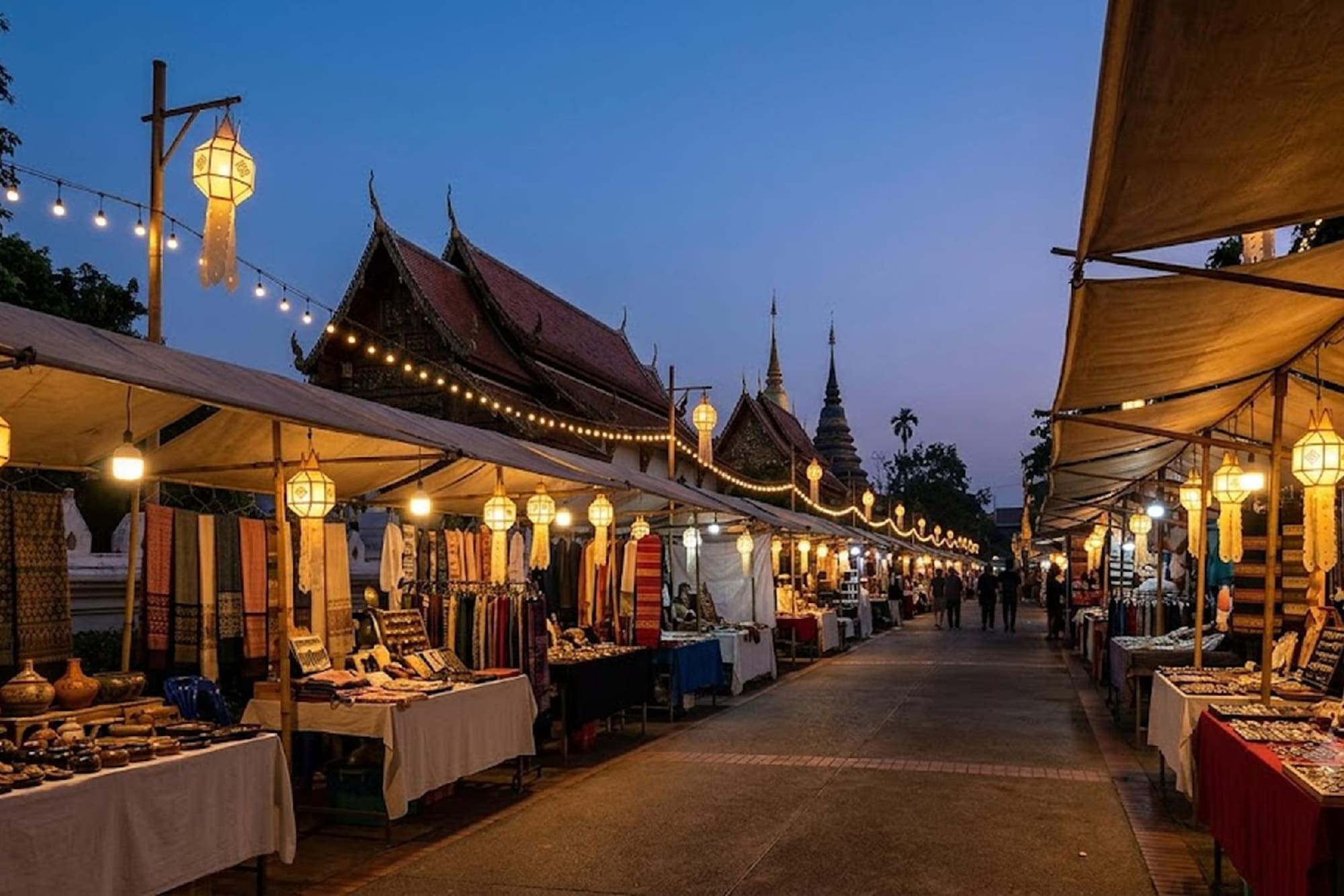 Lantern-lit Thai night market with craft stalls and temple buildings at dusk.