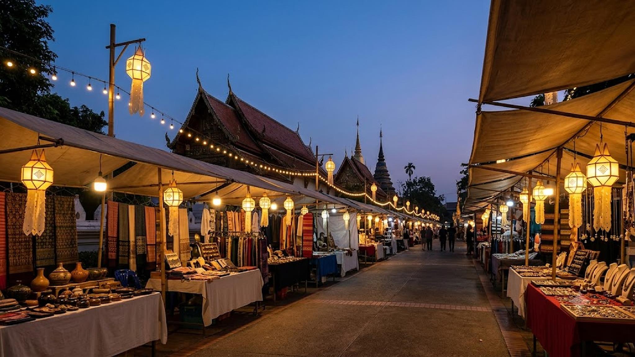 Lantern-lit Thai night market with craft stalls and temple buildings at dusk.