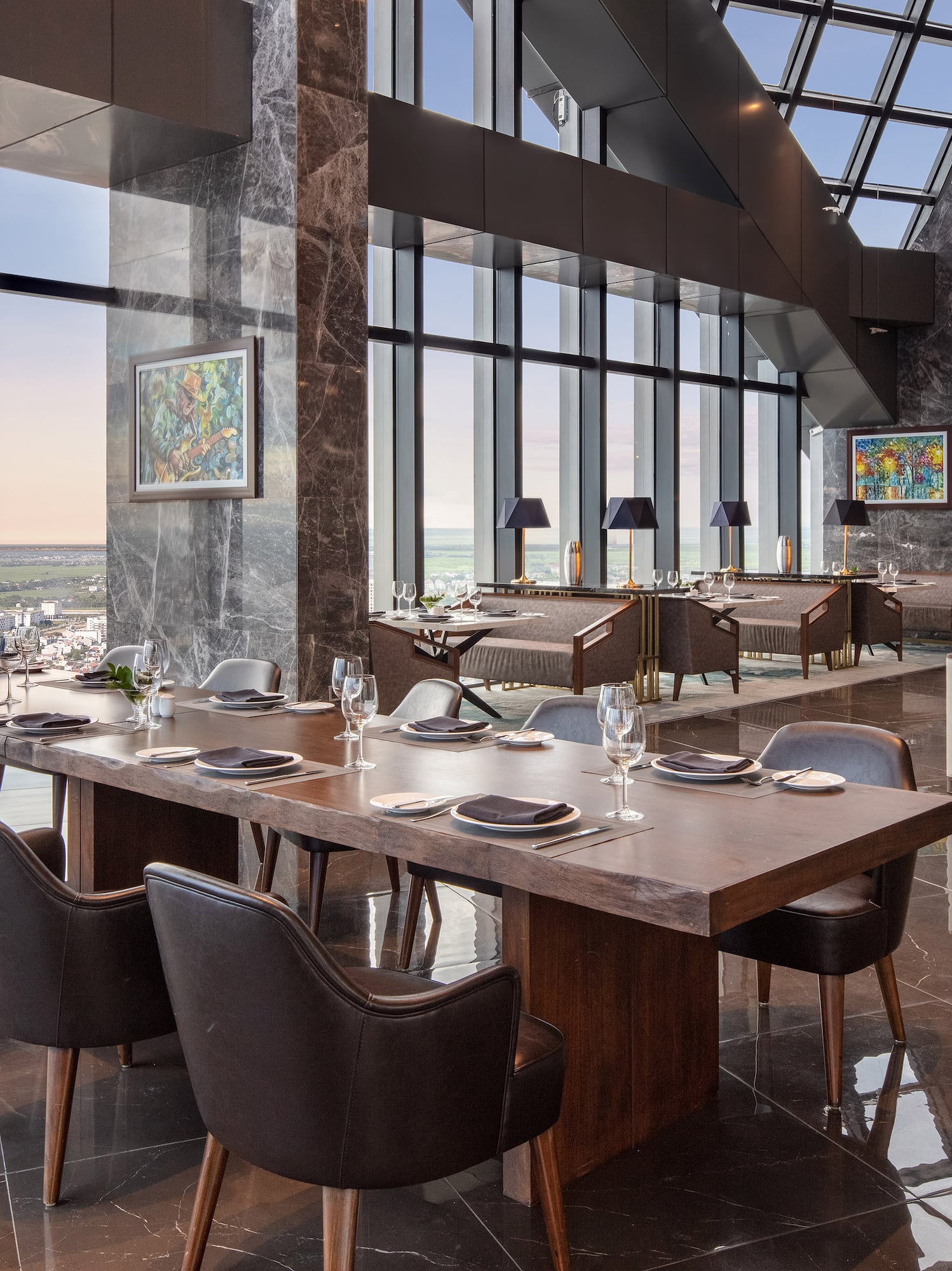 a large room with a large table and chairs