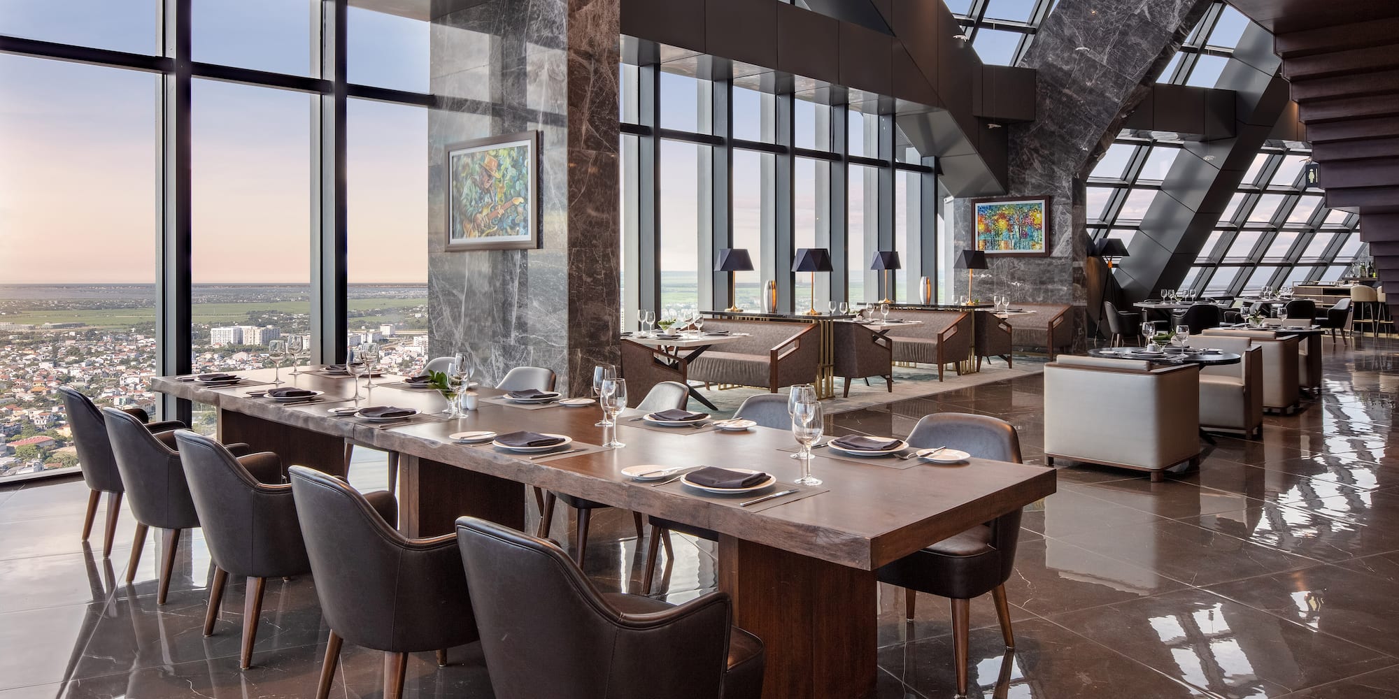 a large room with a large table and chairs