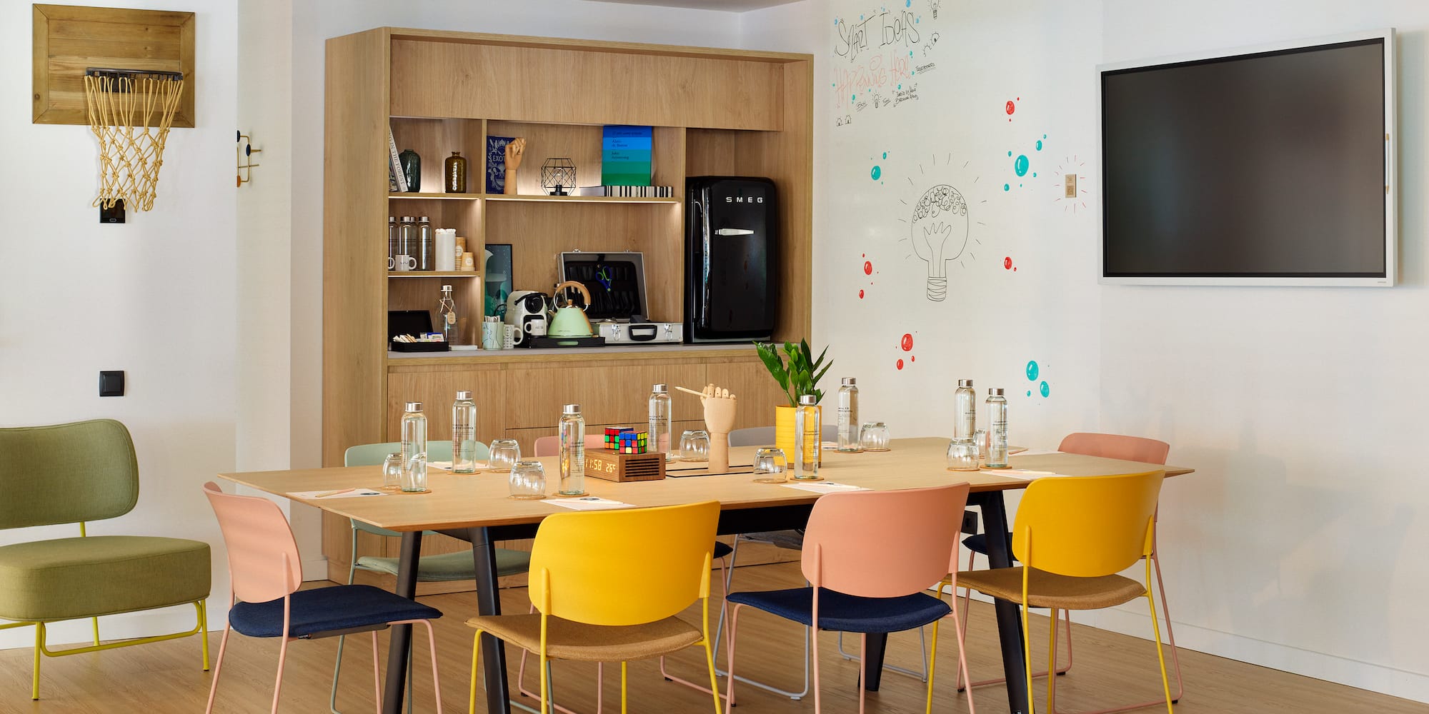 a room with a table and chairs