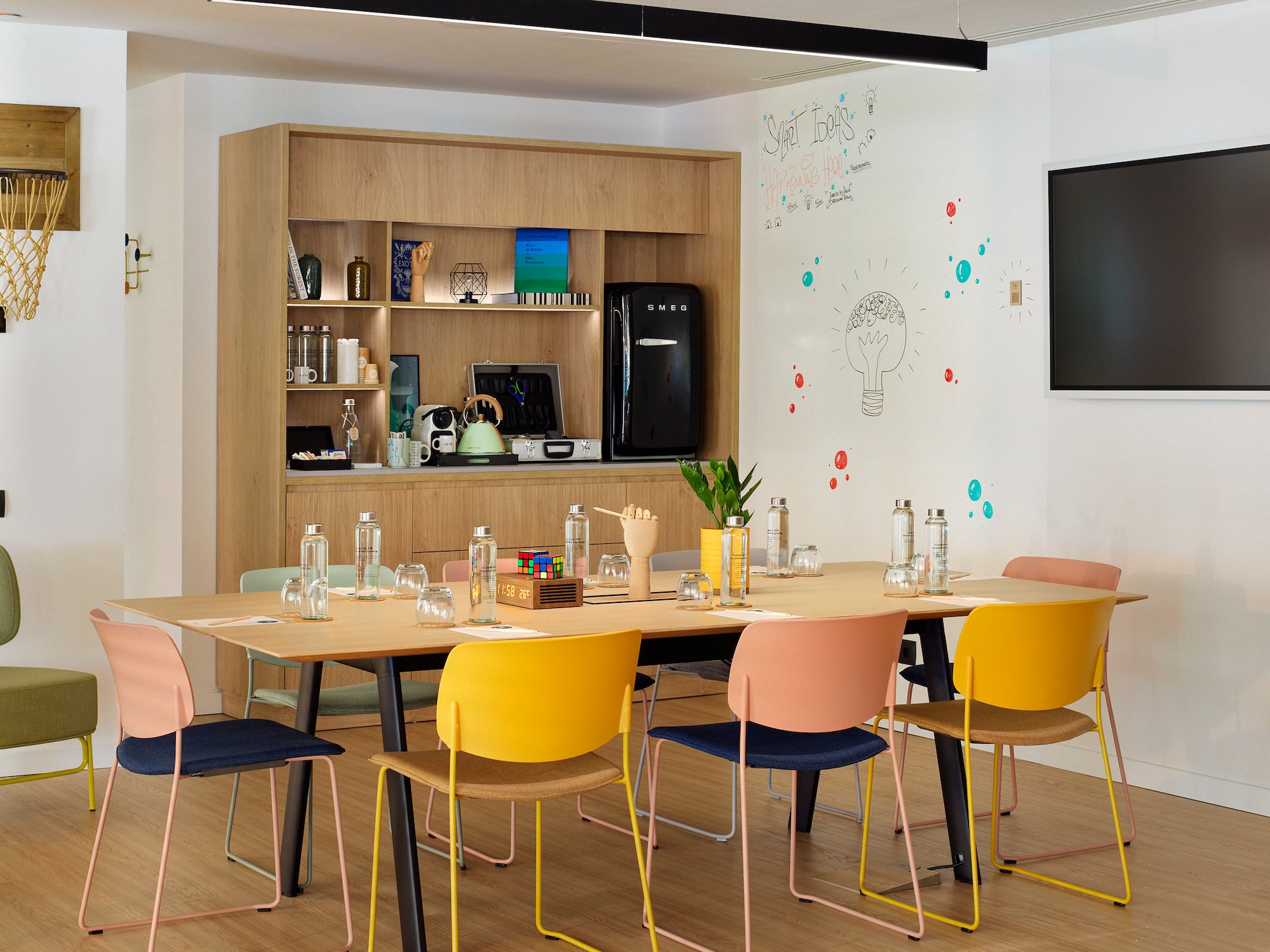 a room with a table and chairs