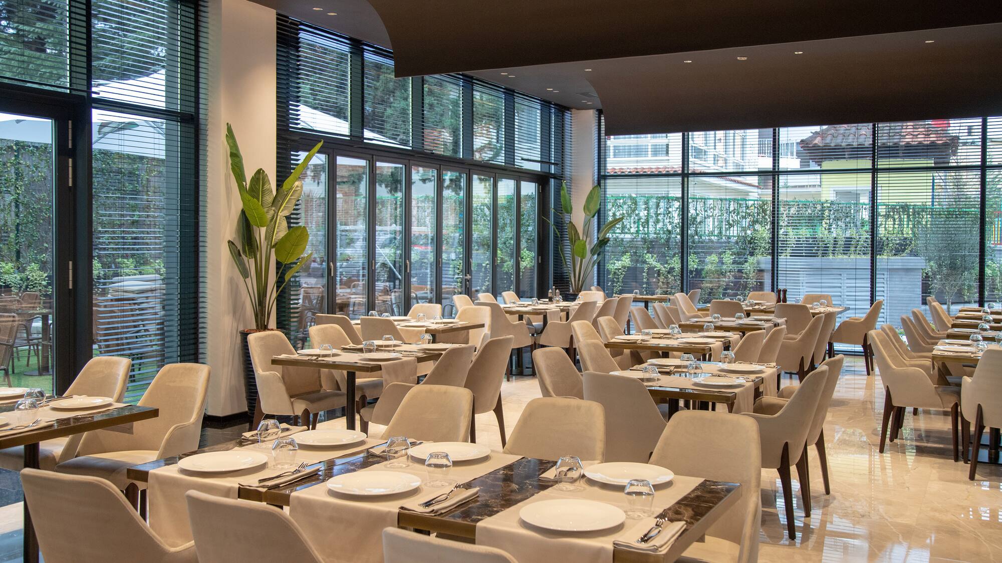 a room with tables and chairs