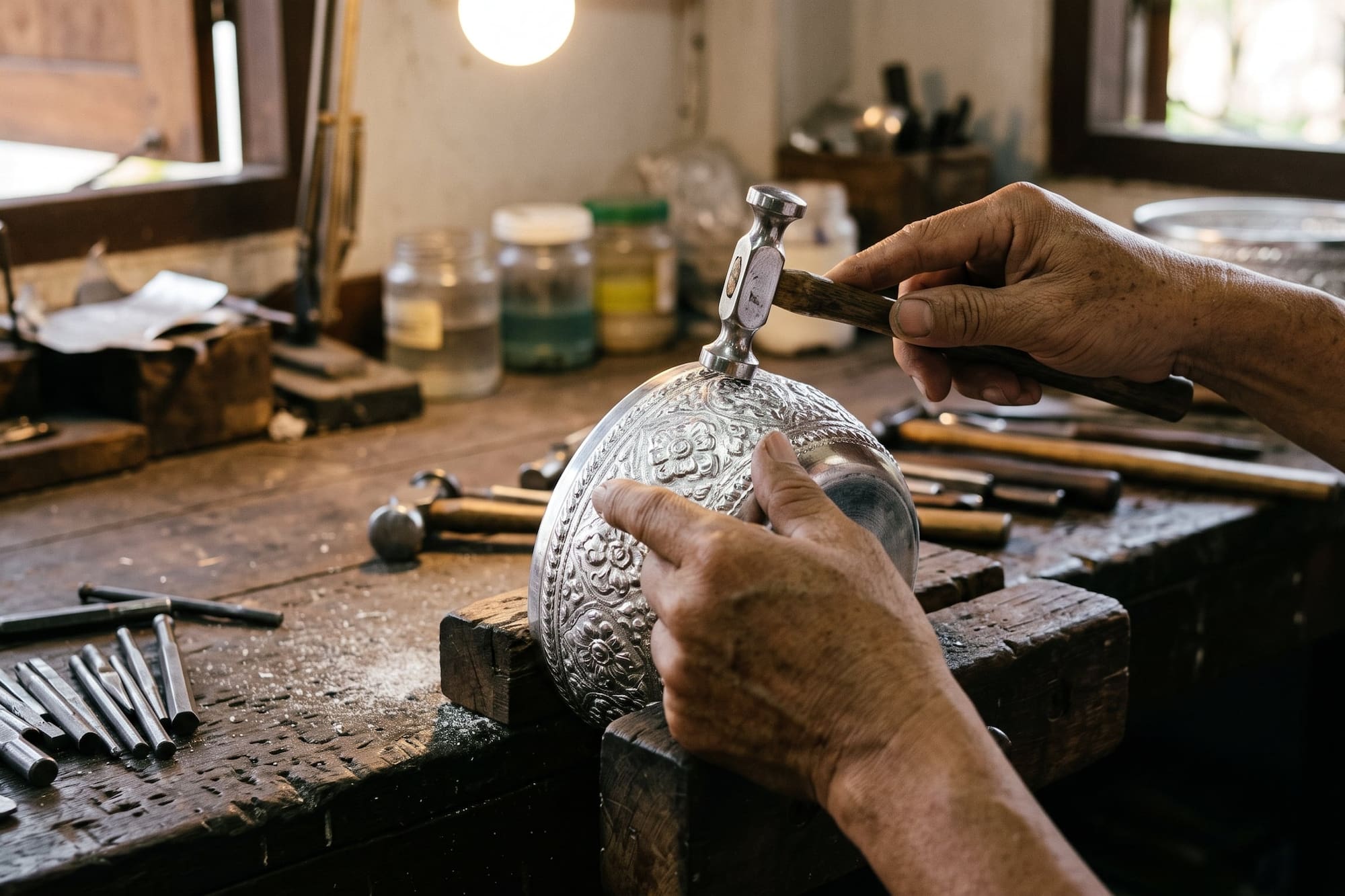 Silversmith hammering intricate floral patterns onto a silver bowl in a workshop.
