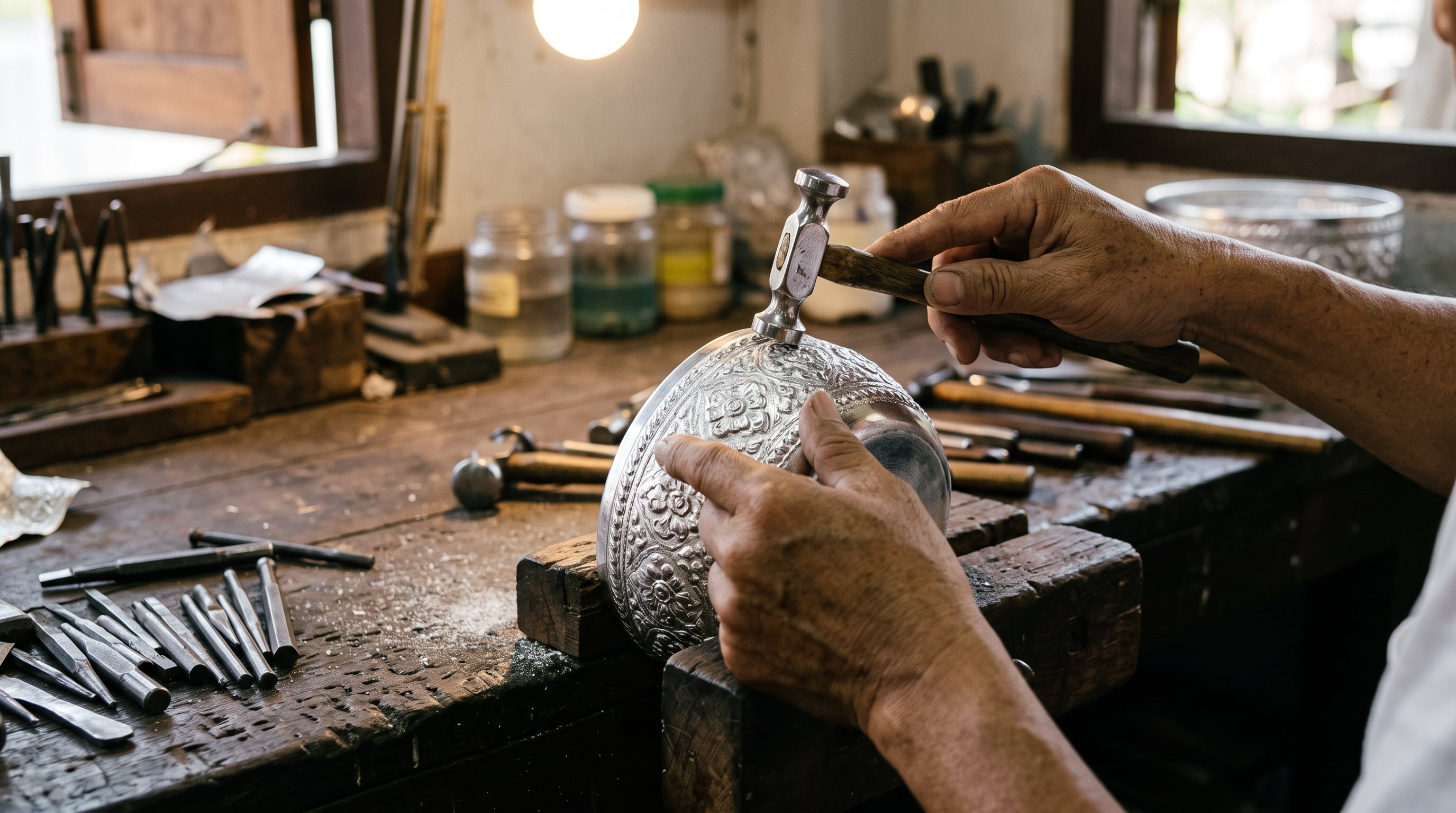 Silversmith hammering intricate floral patterns onto a silver bowl in a workshop.