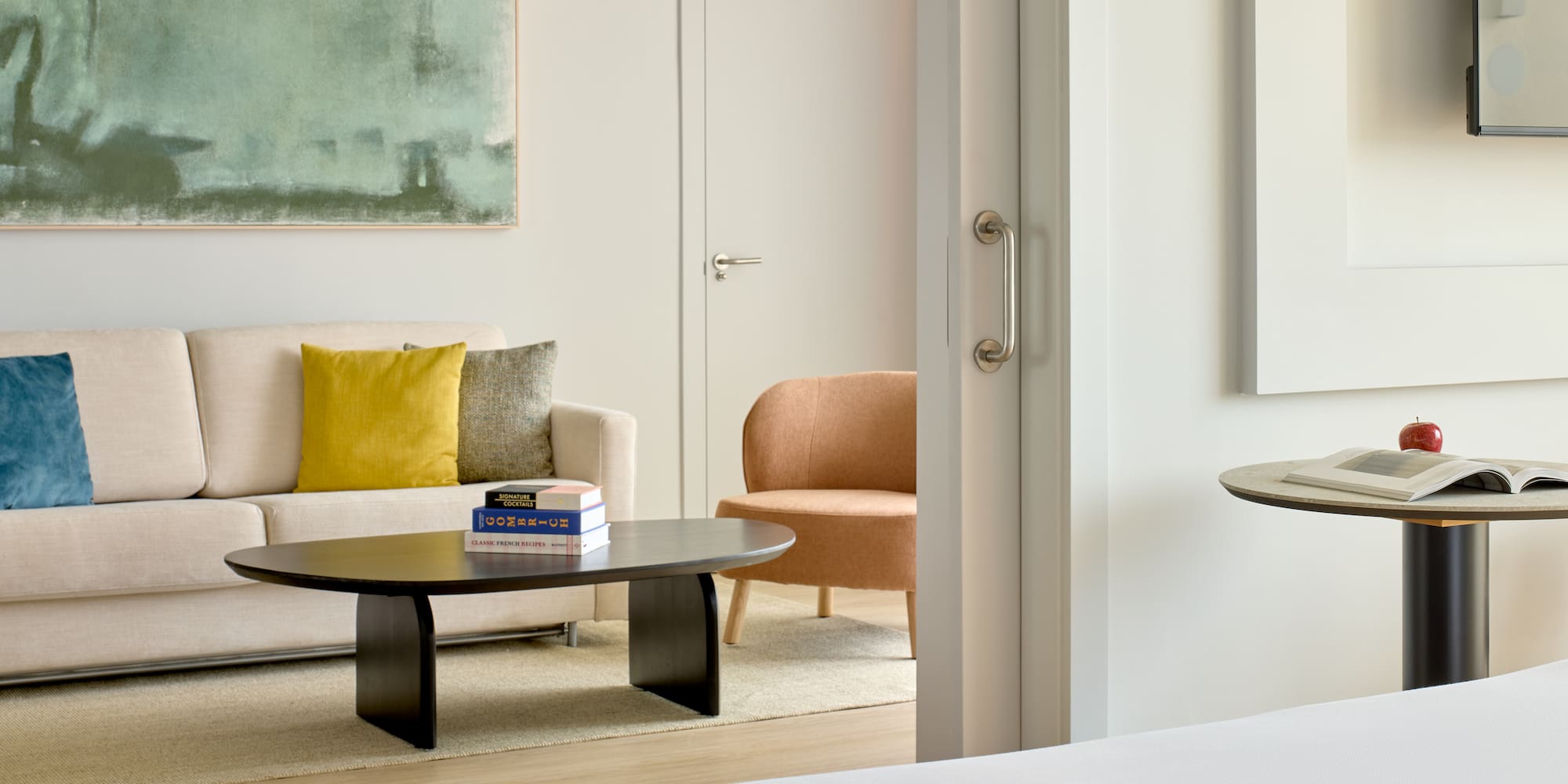 a room with a couch and coffee table