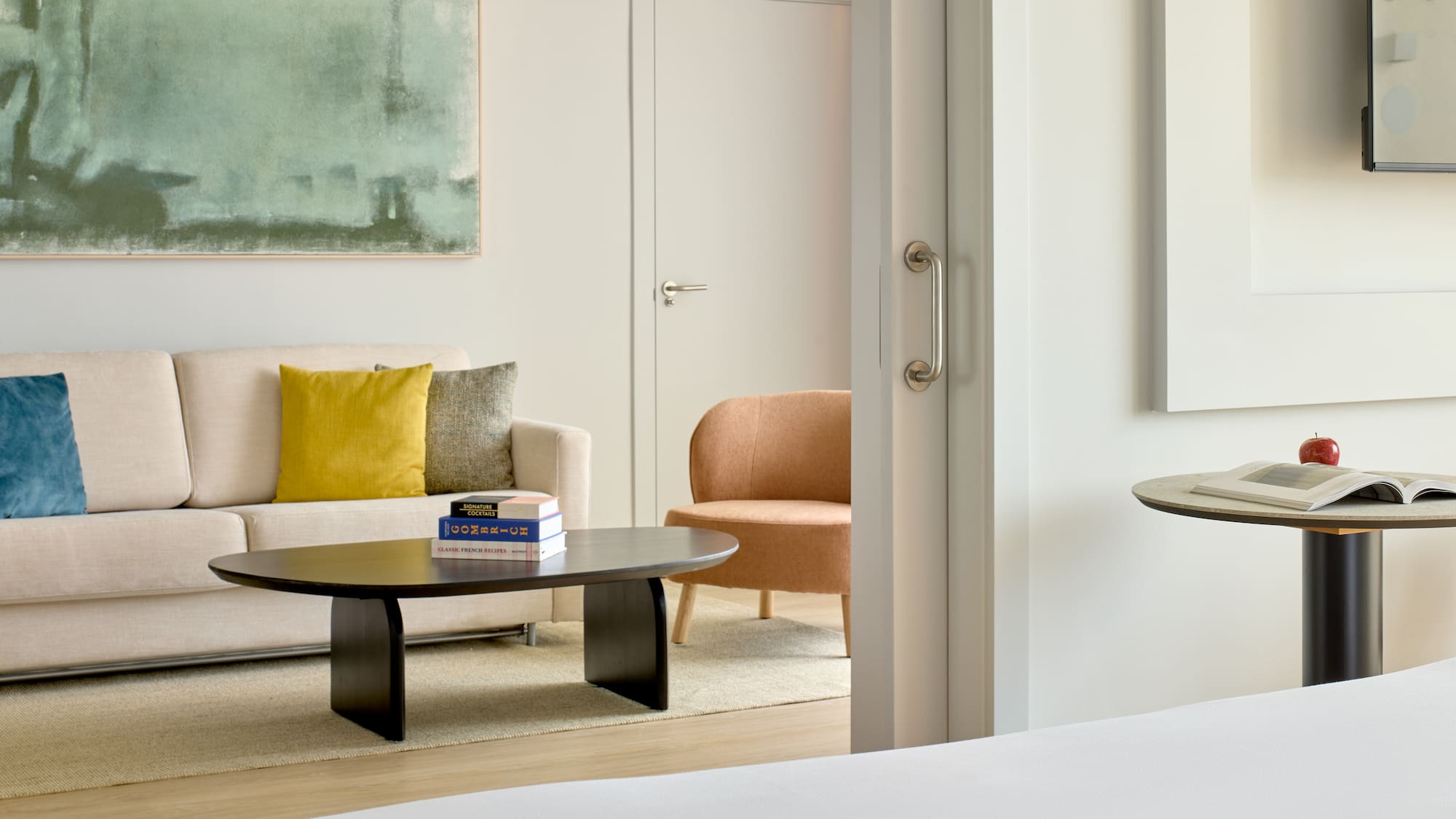 a room with a couch and coffee table