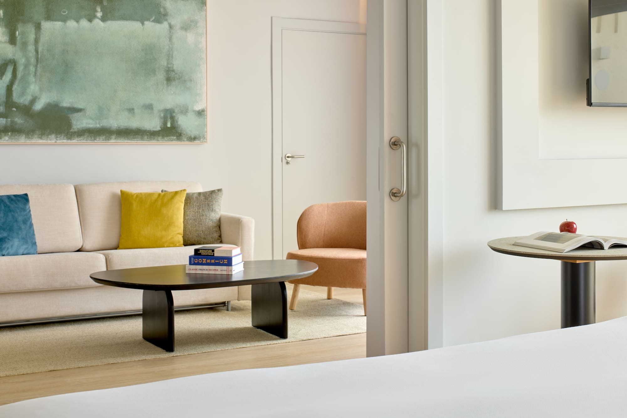 a room with a couch and coffee table