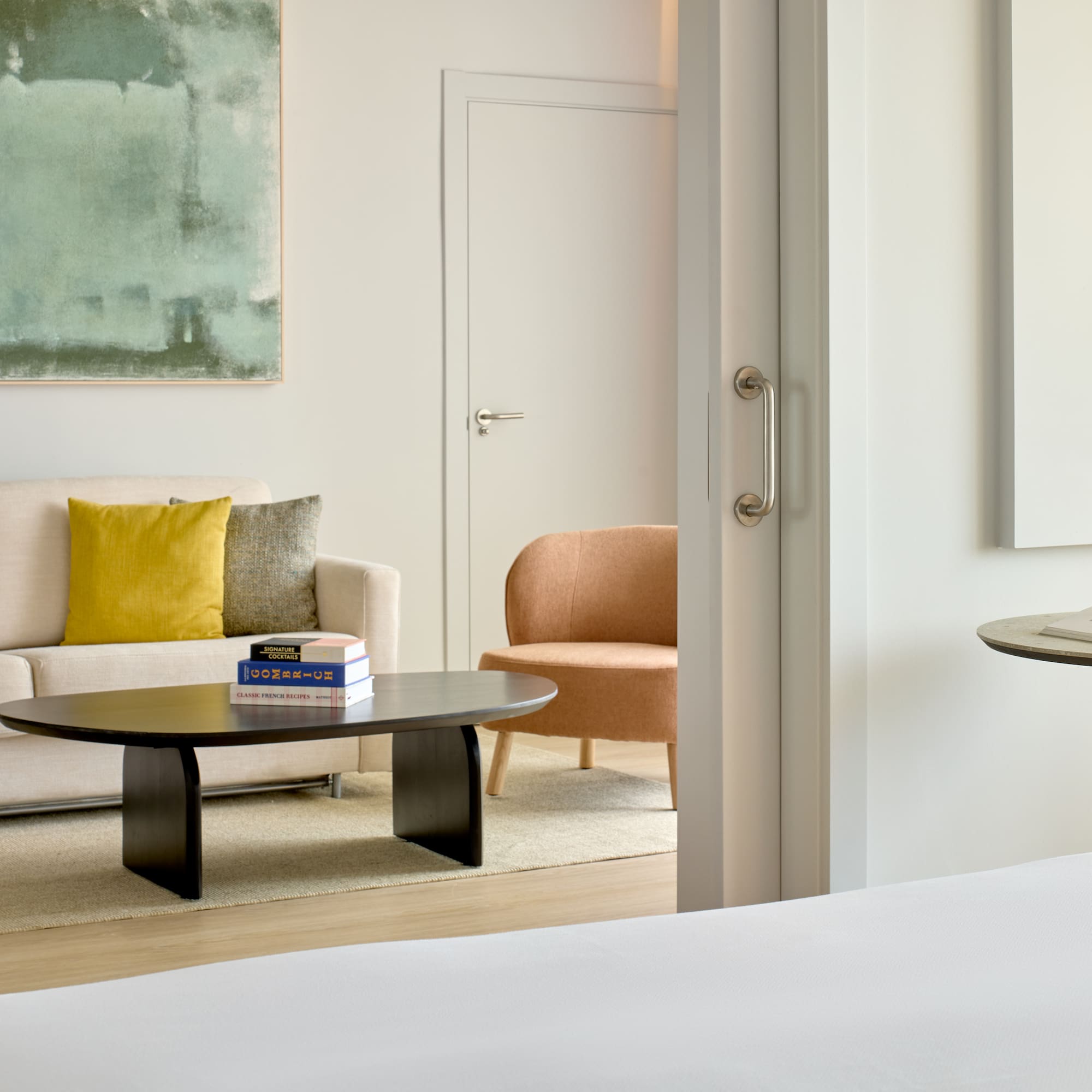 a room with a couch and coffee table