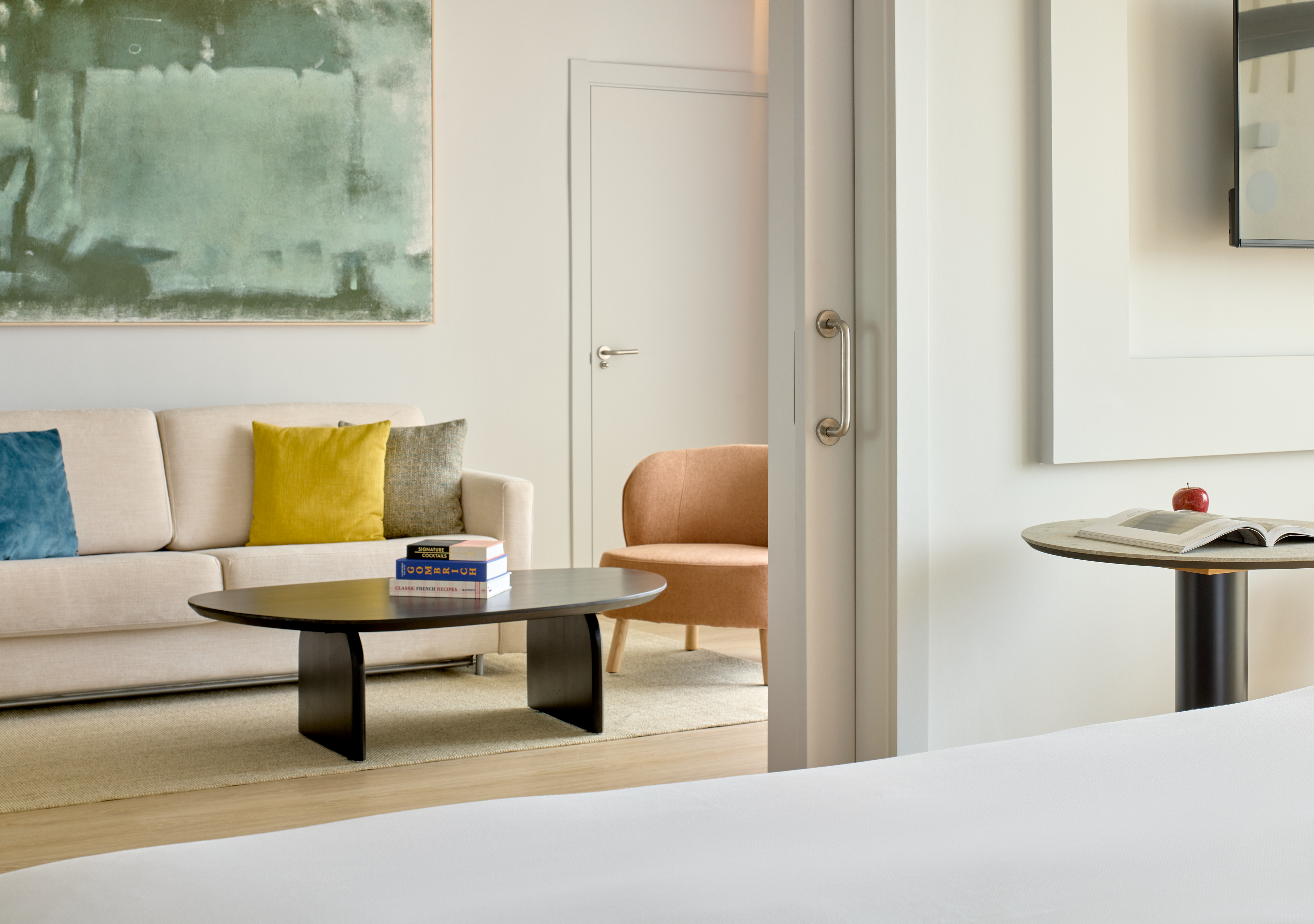 a room with a couch and coffee table