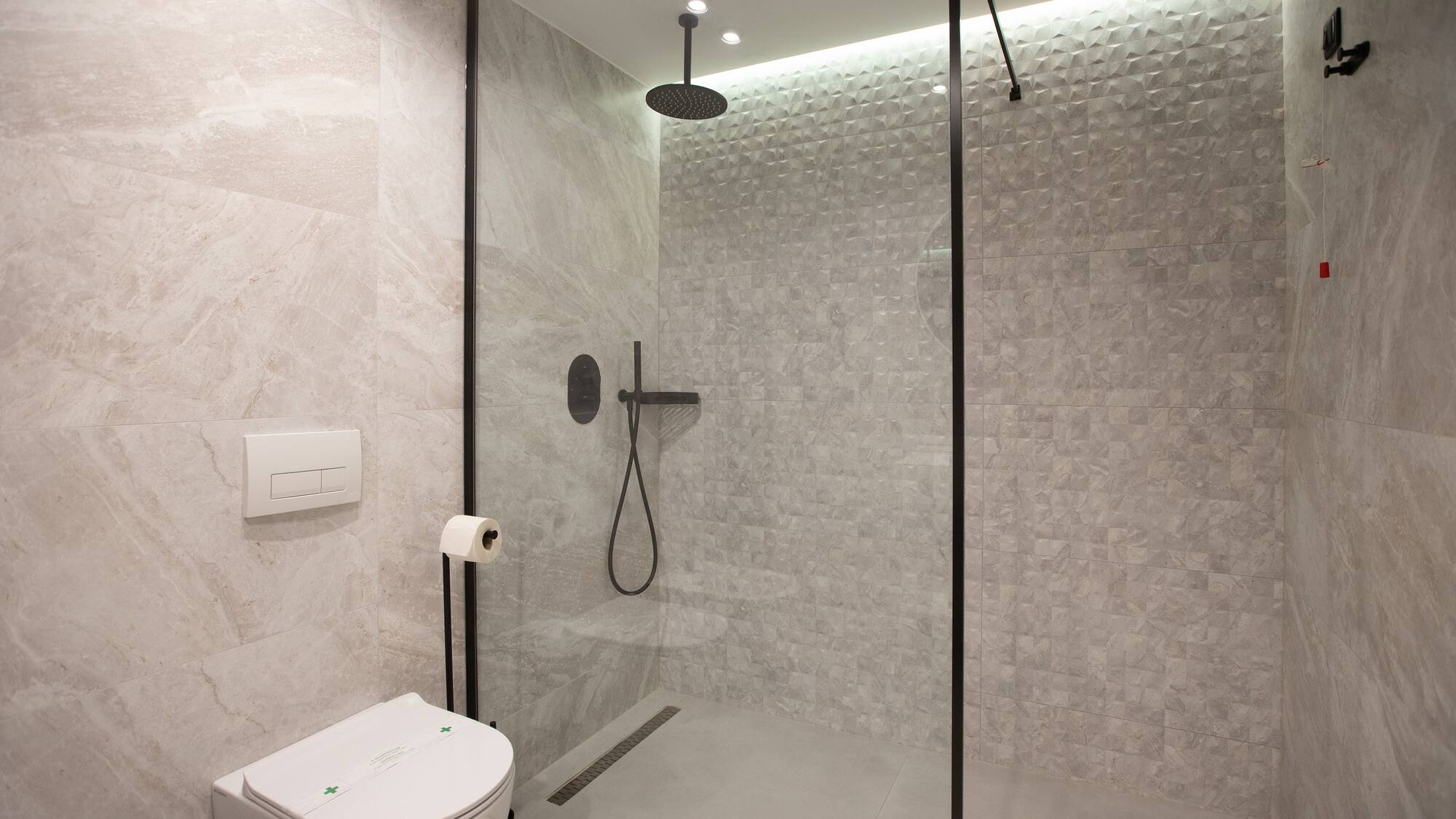 a shower with a toilet and a shower head