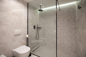 a shower with a toilet and a shower head