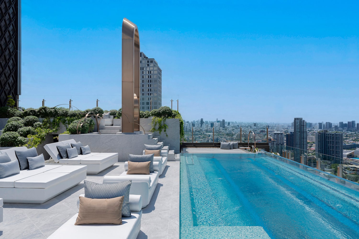 a pool with a view of a city