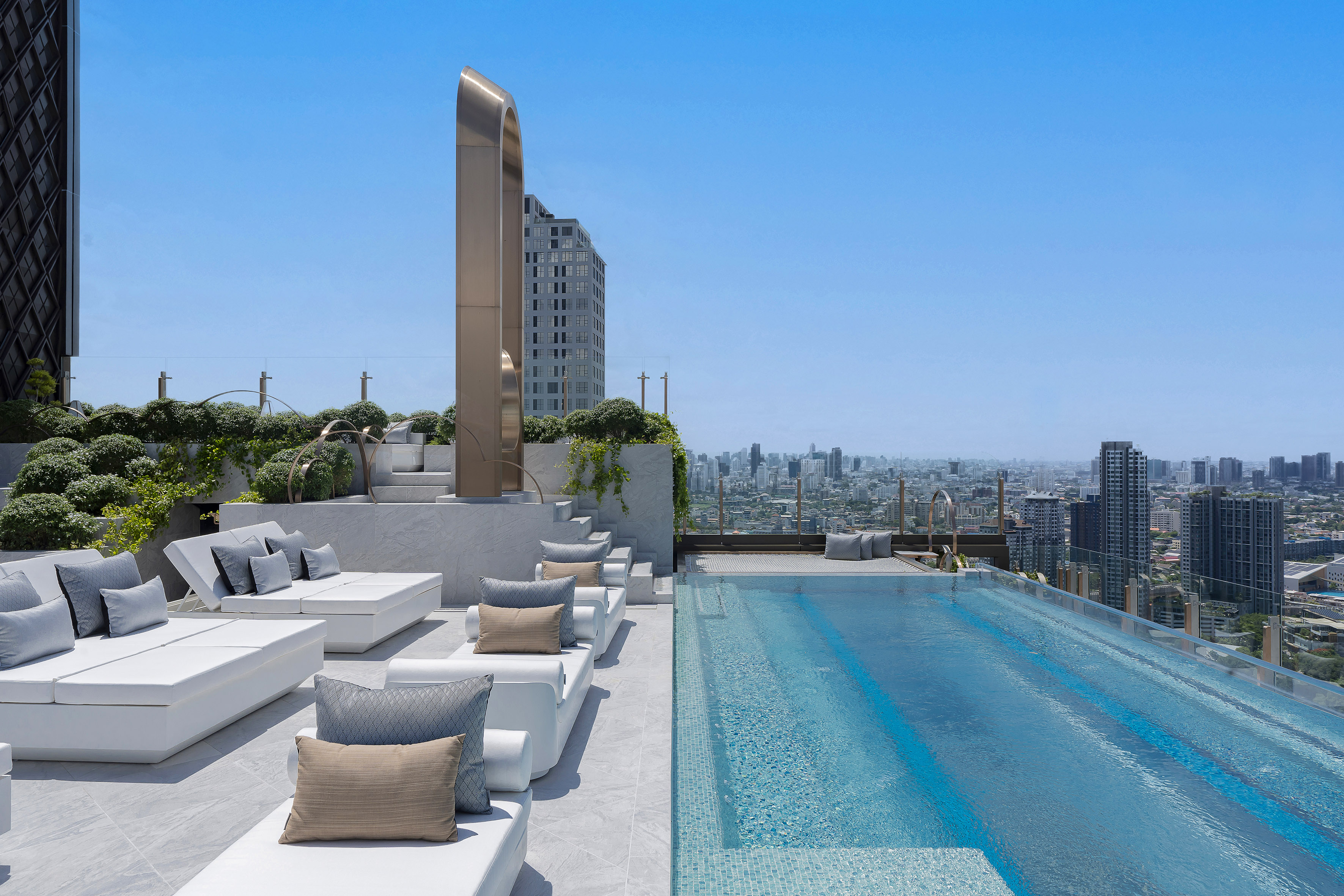 a pool with a view of a city
