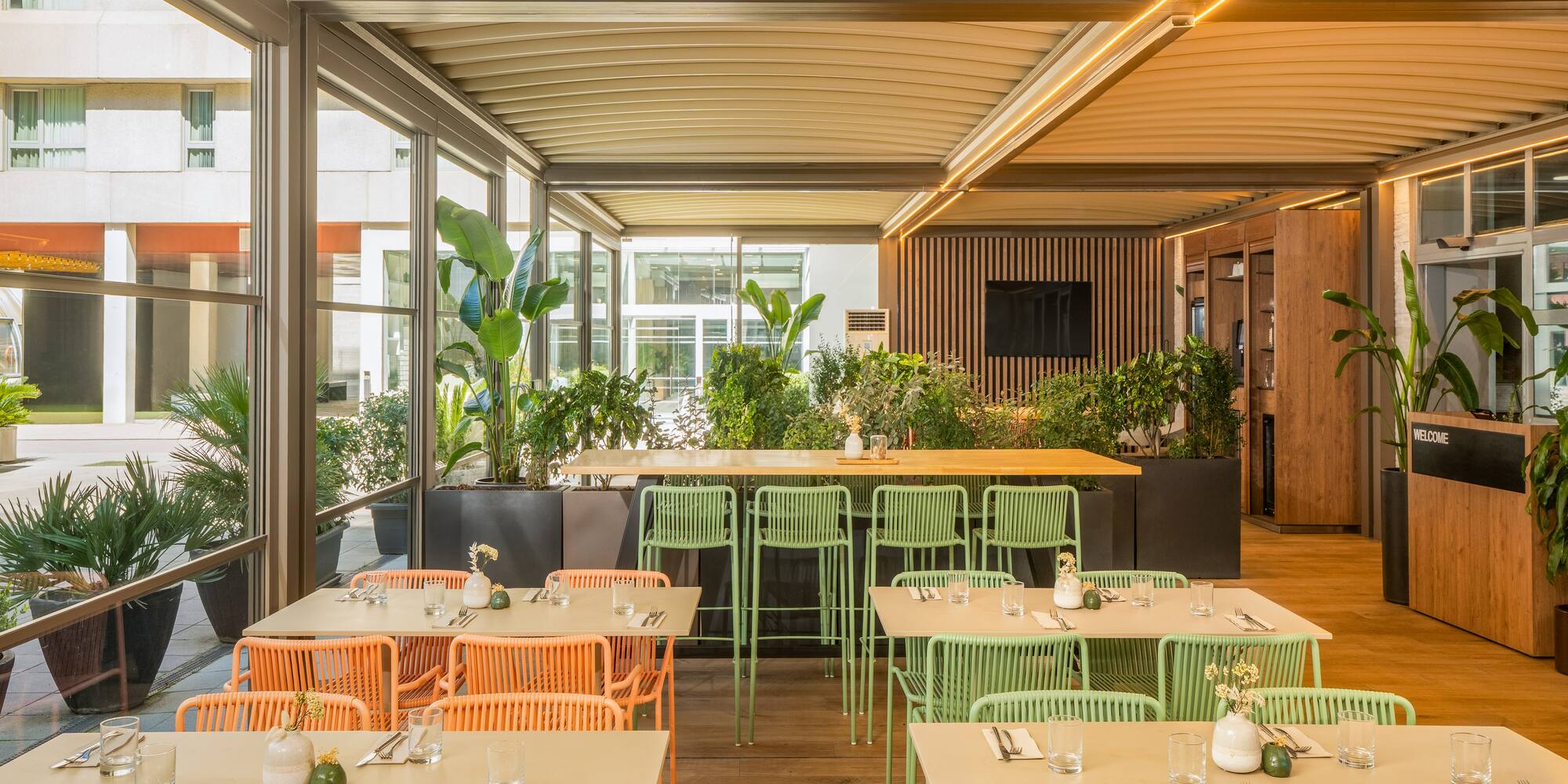 a room with tables and chairs