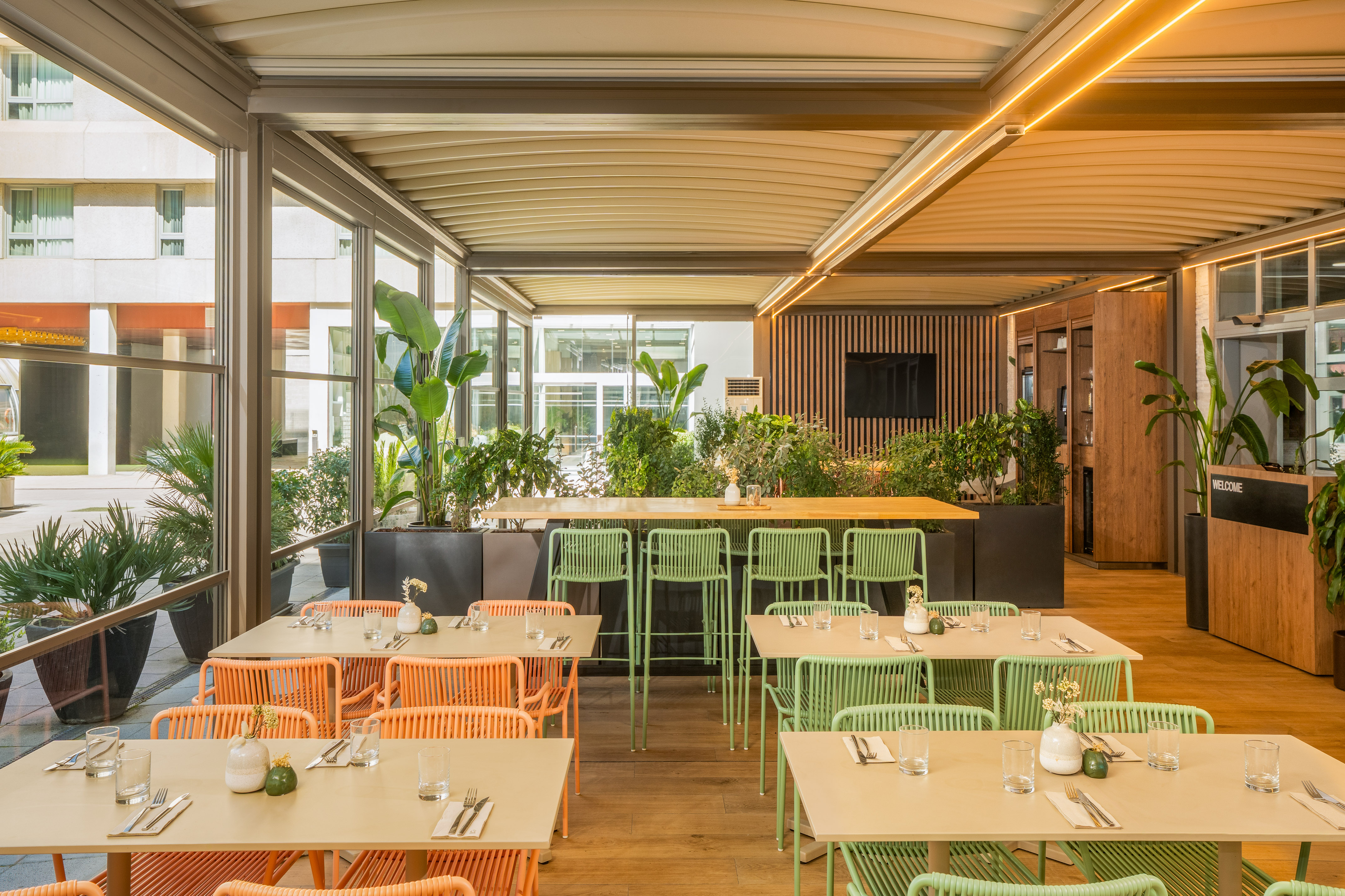 a room with tables and chairs