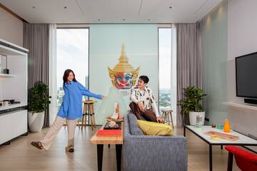 a man and woman in a room