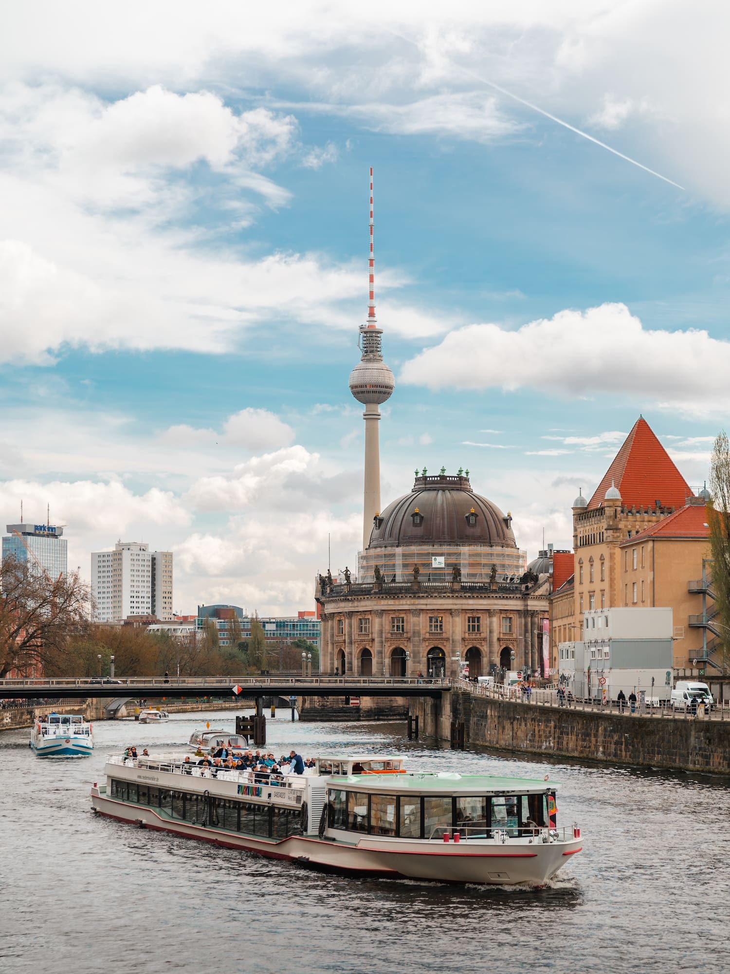 Berlin Spree river cruise with TV Tower, Bode Museum, and city architecture.