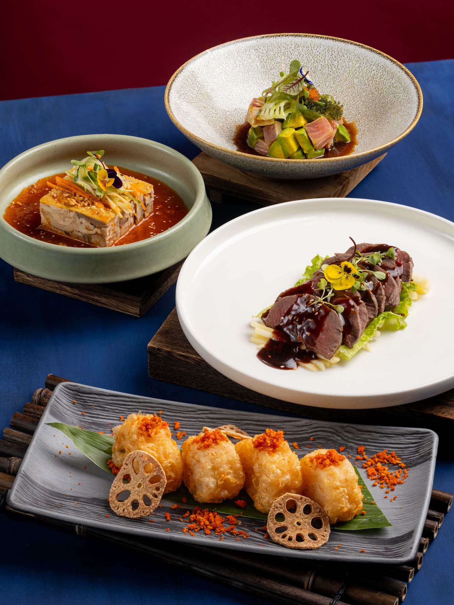 a group of plates of food