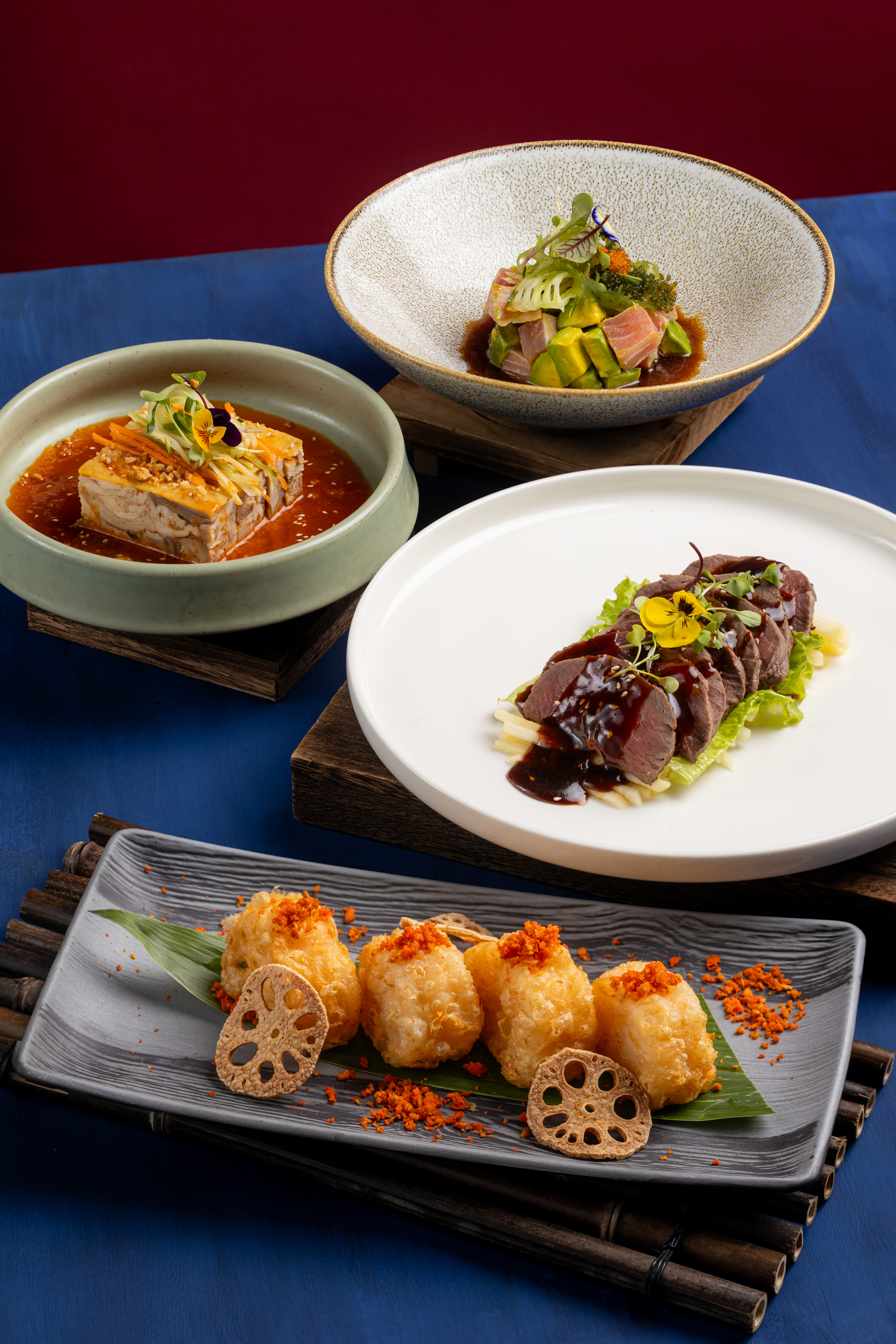 a group of plates of food