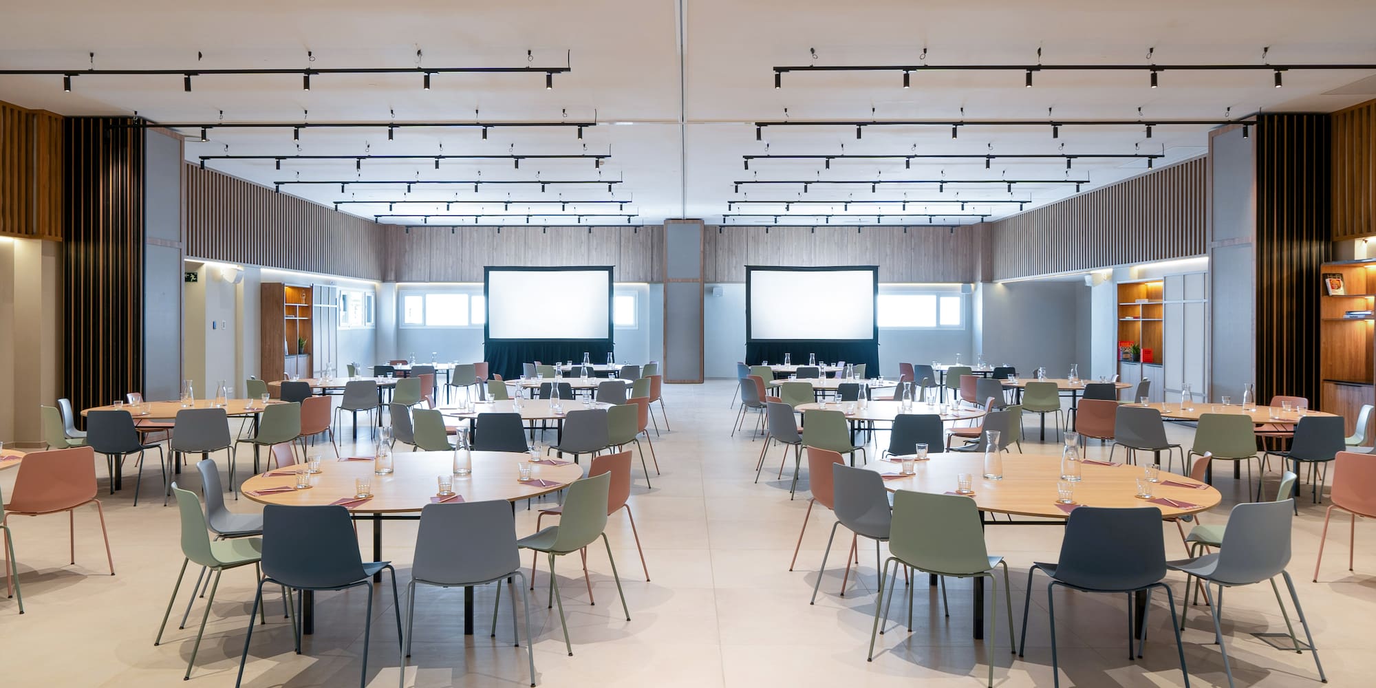 a room with tables and chairs