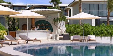 a pool with umbrellas and chairs