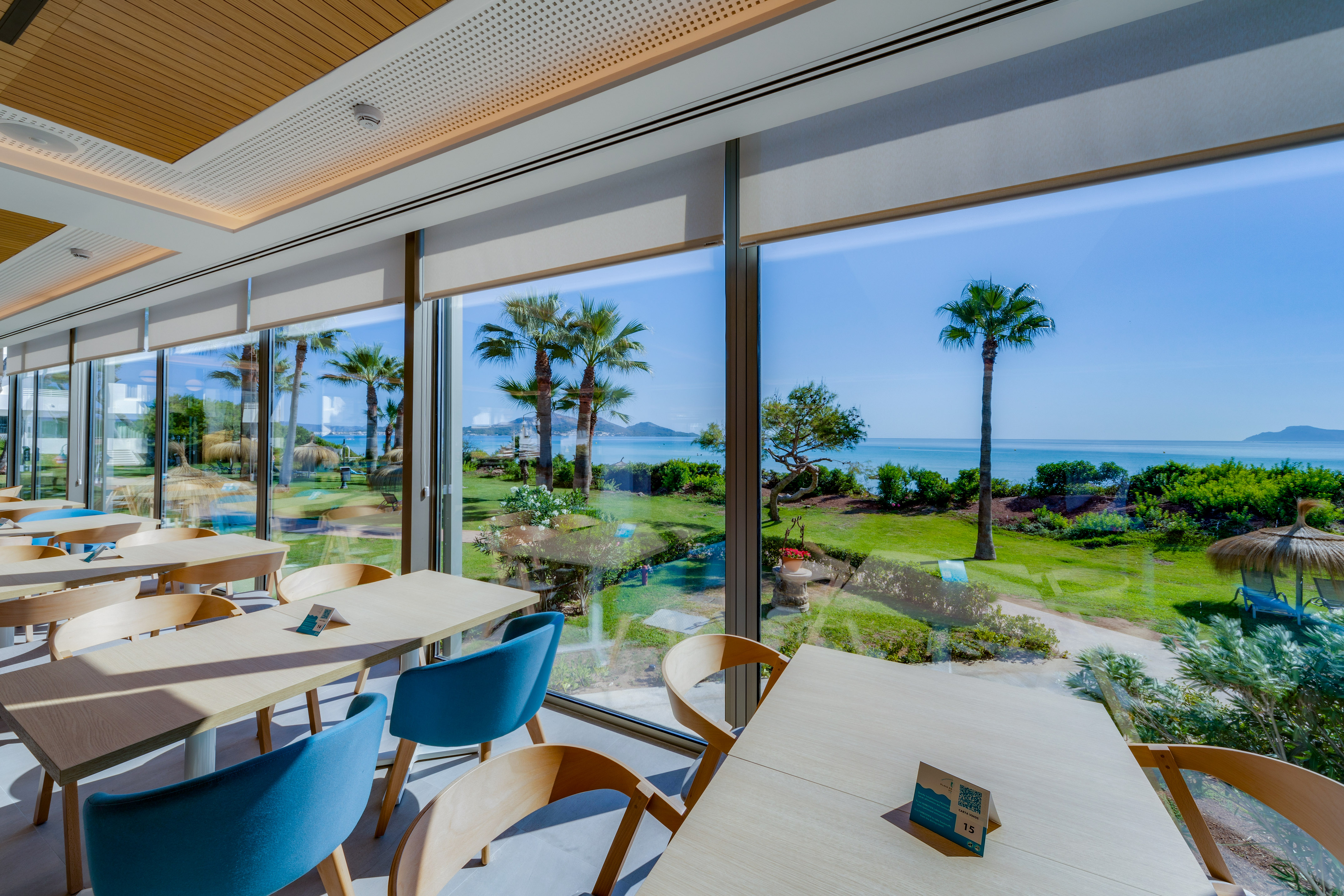 a room with a view of the ocean and palm trees