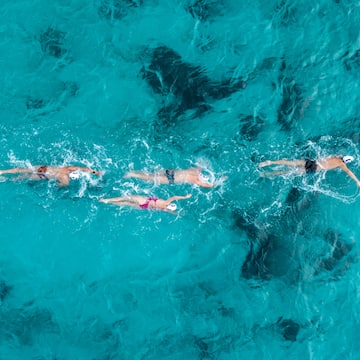 a group of people swimming in clear blue water