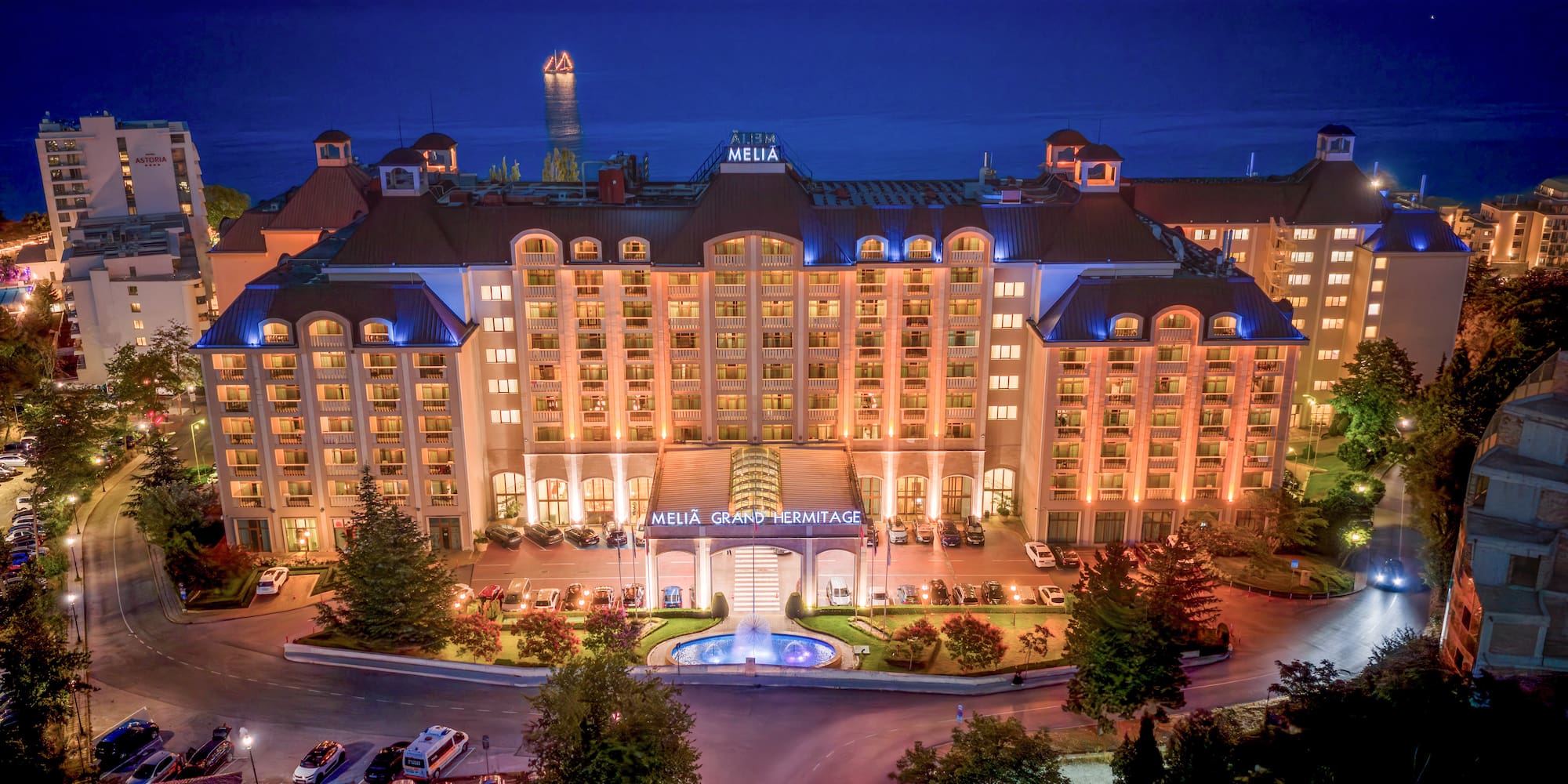 a large building with lights on it