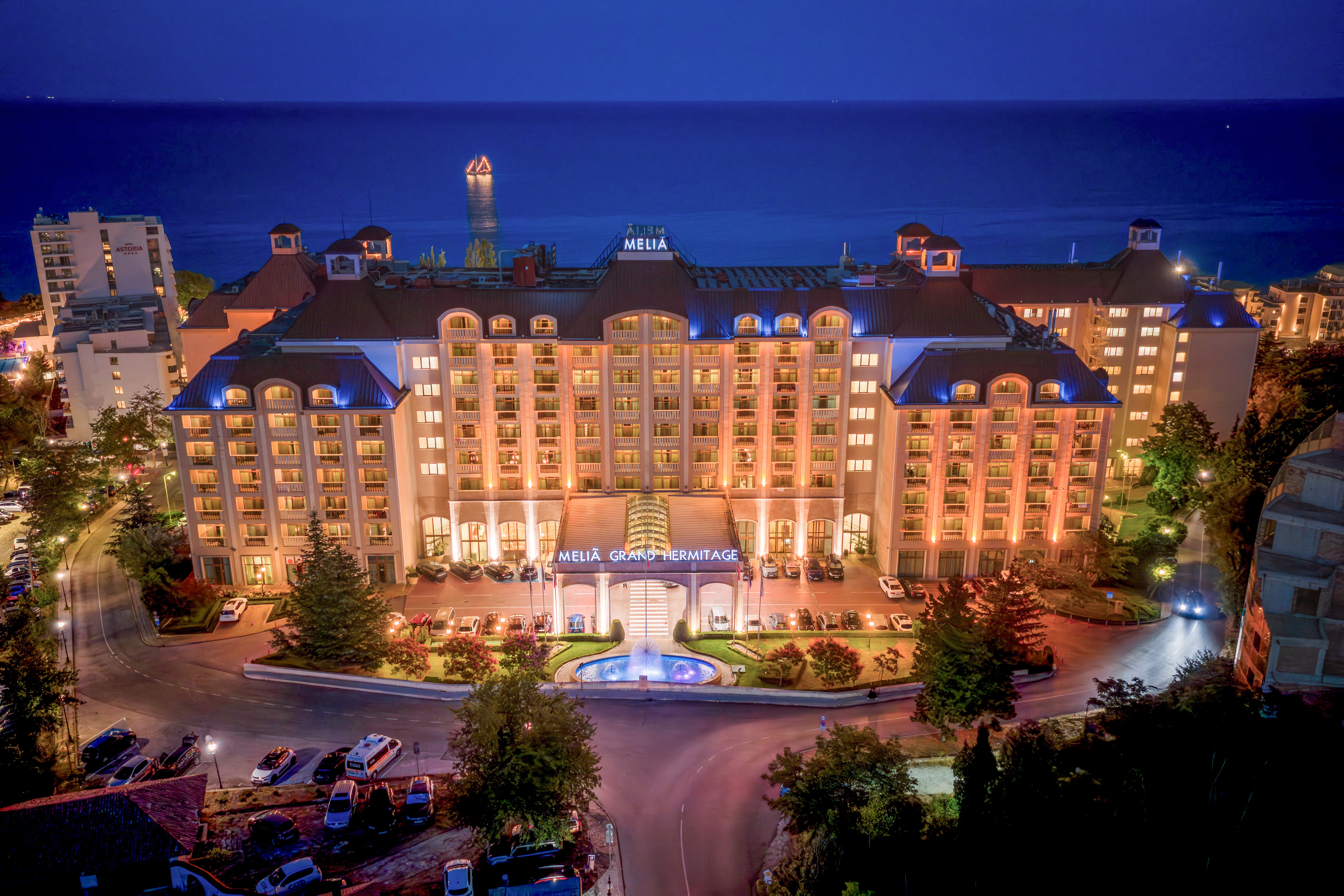 a large building with lights on it