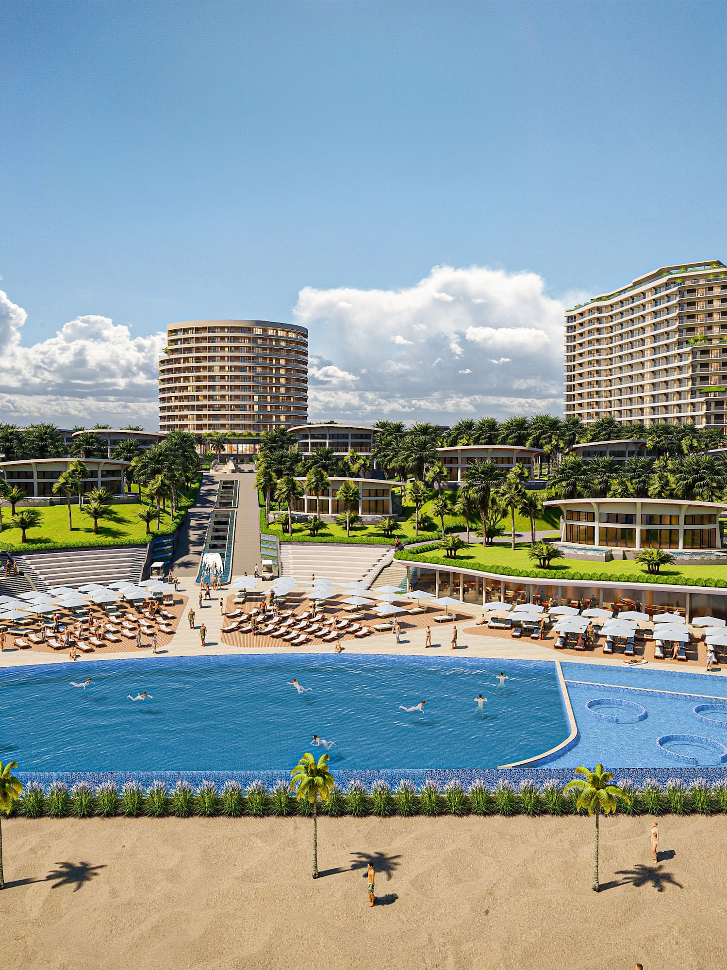 a pool with chairs and a beach and buildings