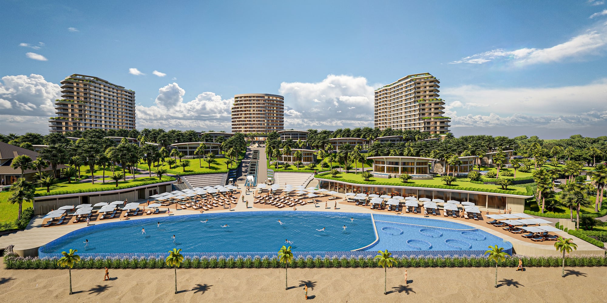 a pool with chairs and a beach and buildings