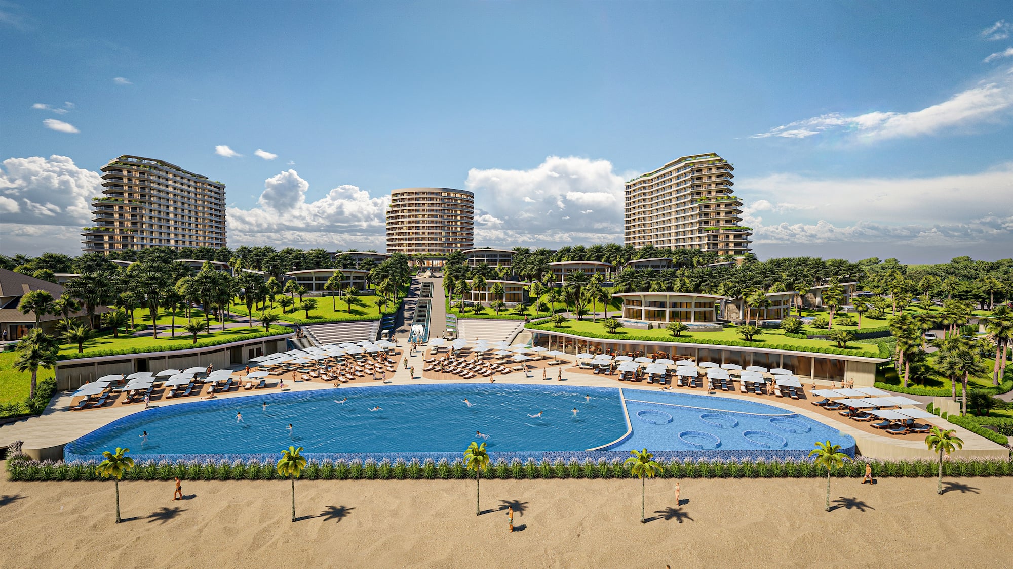 a pool with chairs and a beach and buildings