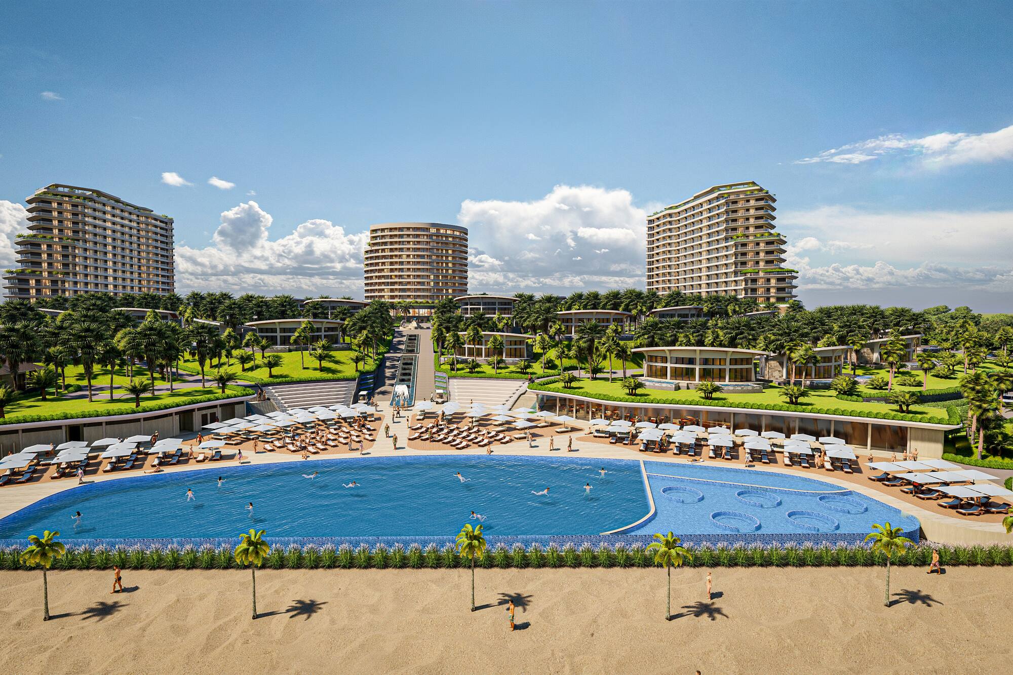 a pool with chairs and a beach and buildings
