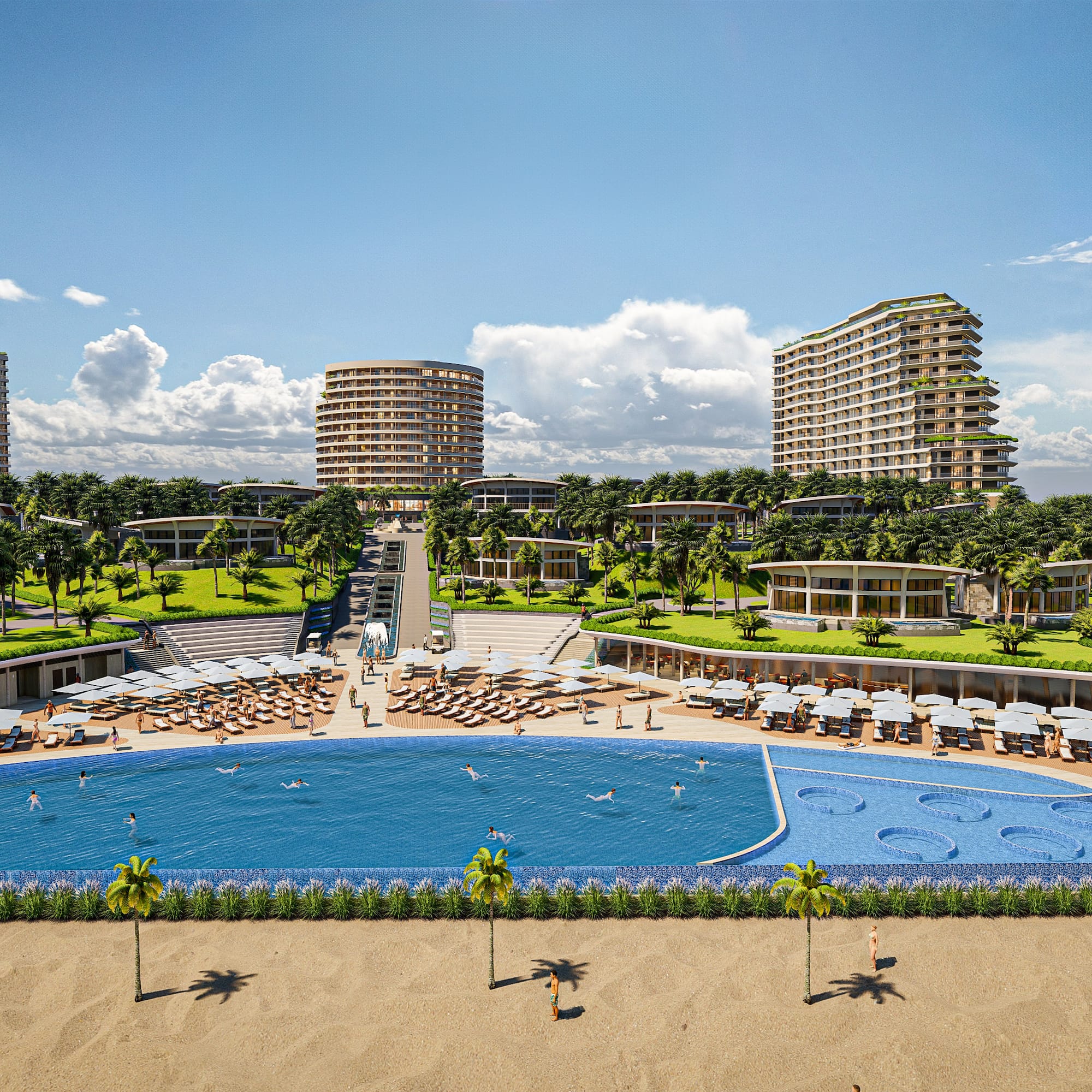 a pool with chairs and a beach and buildings