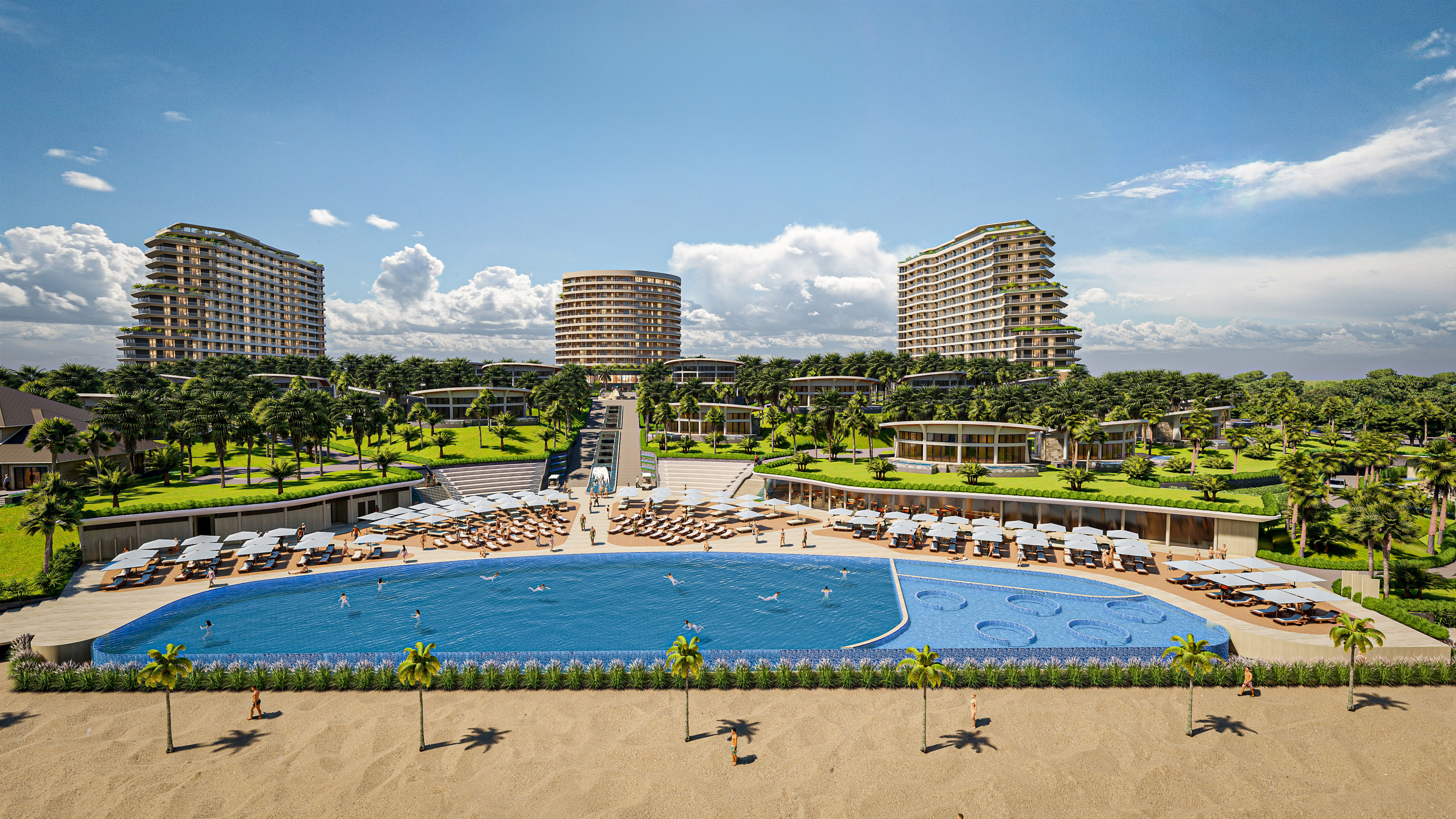 Luxury resort with large pool, sandy beach, modern buildings, palm trees.