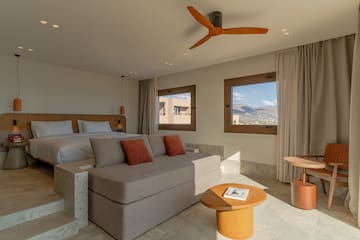 a room with a bed and a ceiling fan