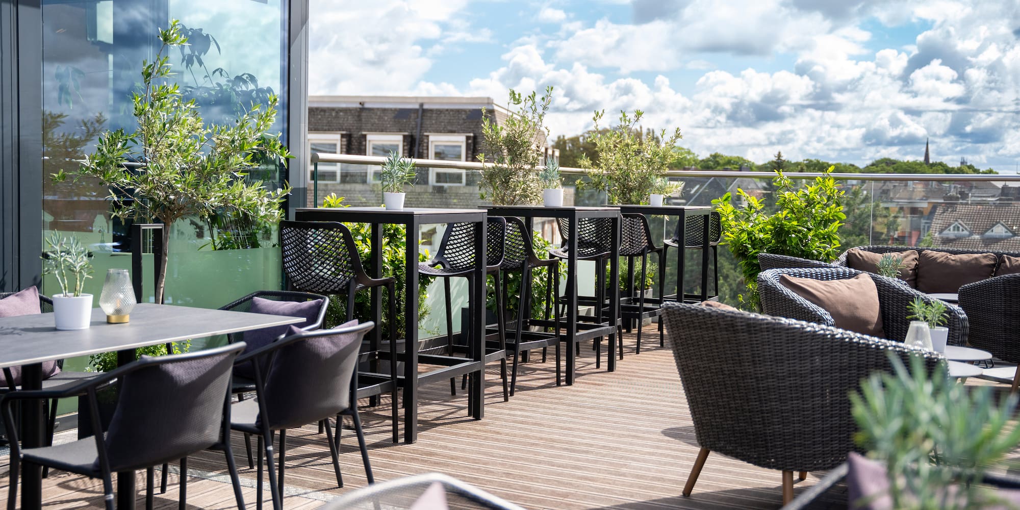 a patio with chairs and tables