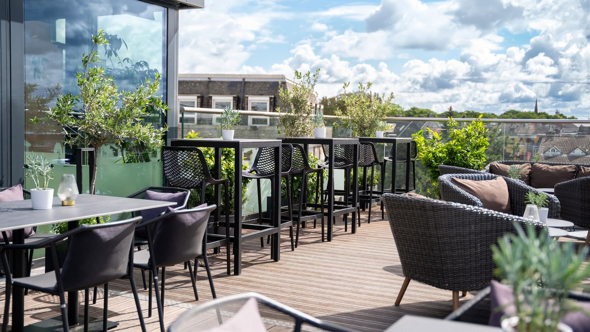 a patio with chairs and tables
