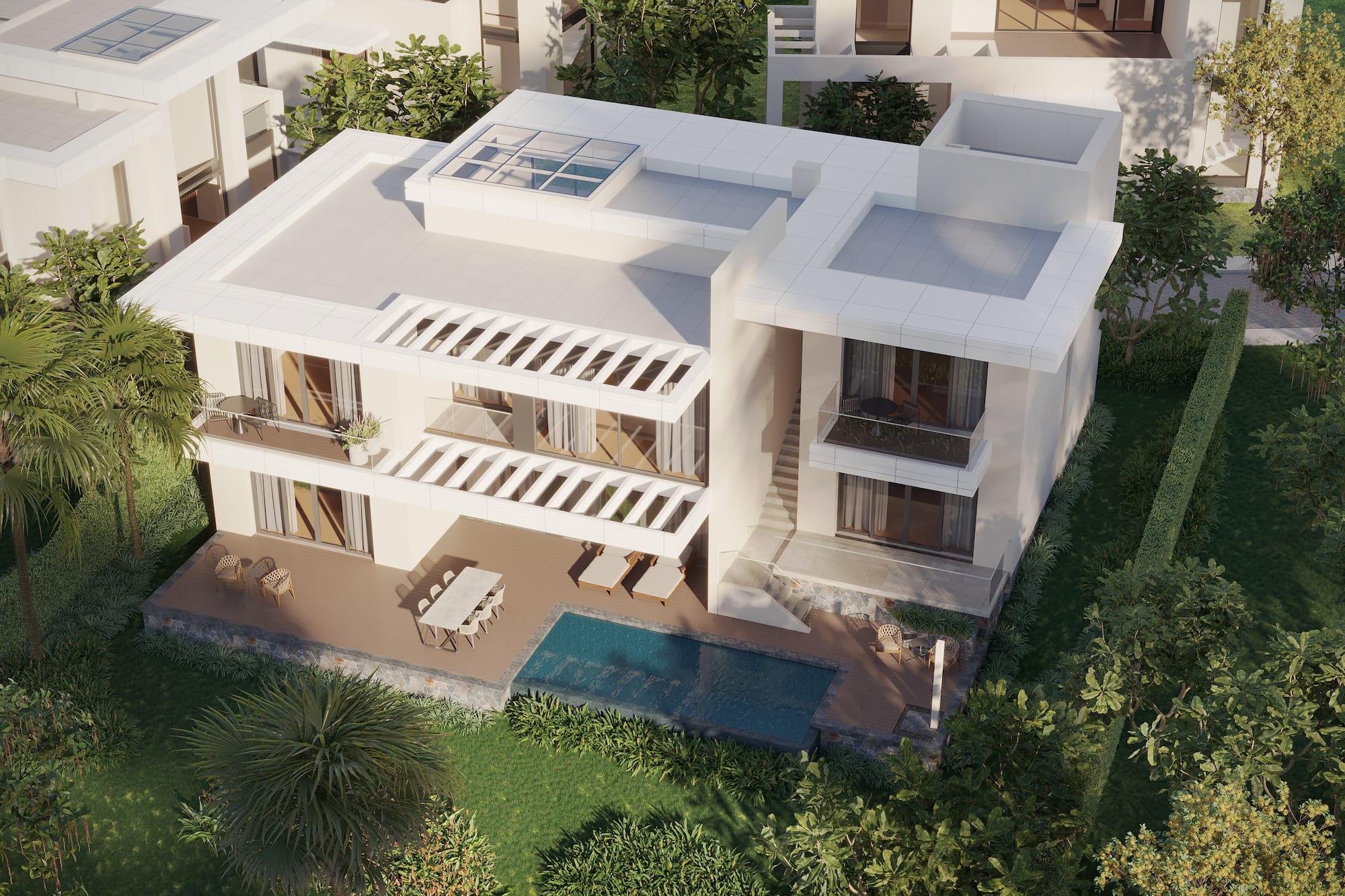 a white house with a pool in the middle