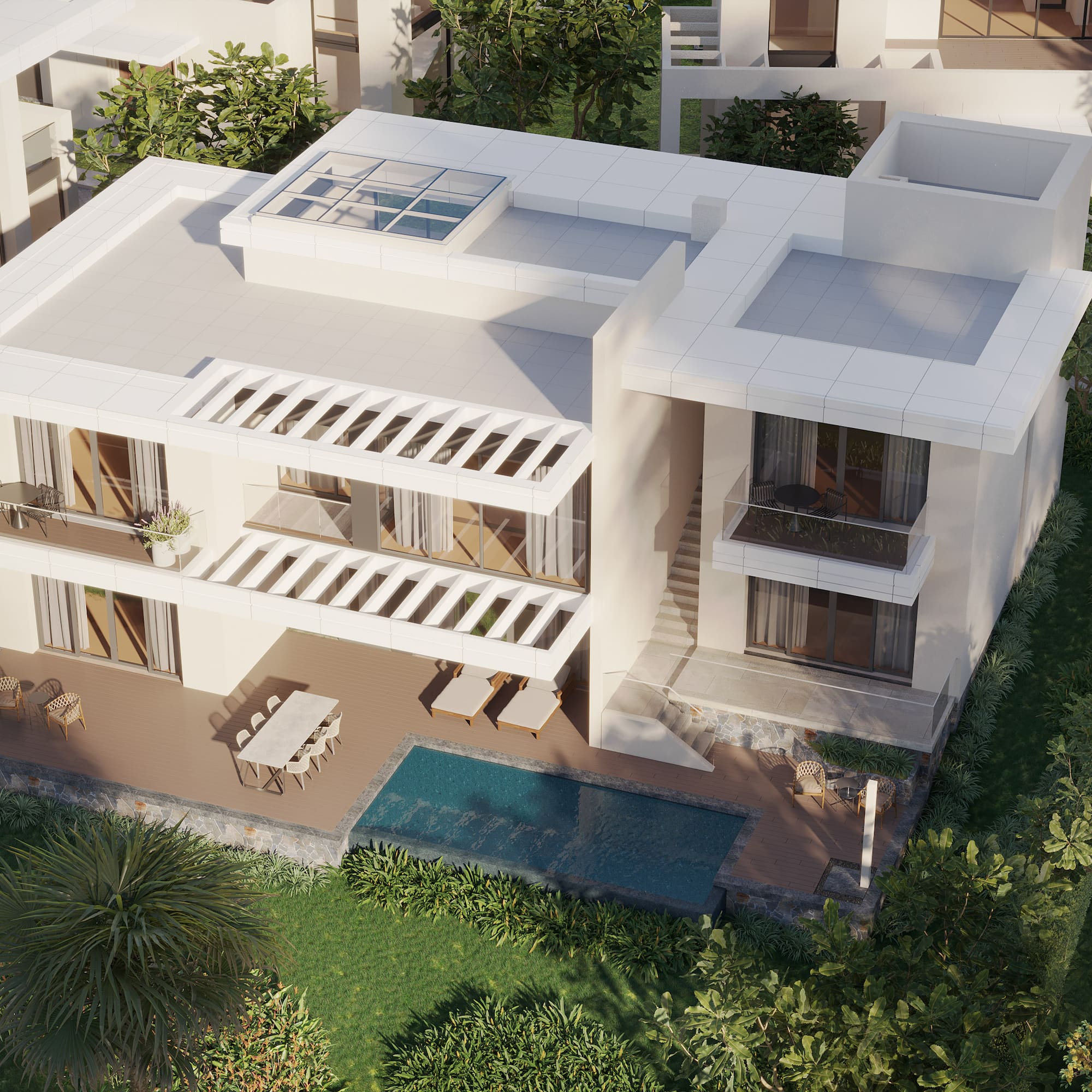 a white house with a pool in the middle