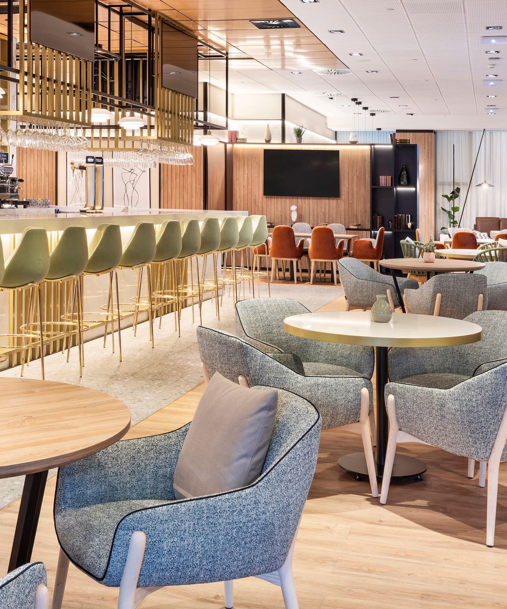 a room with tables and chairs