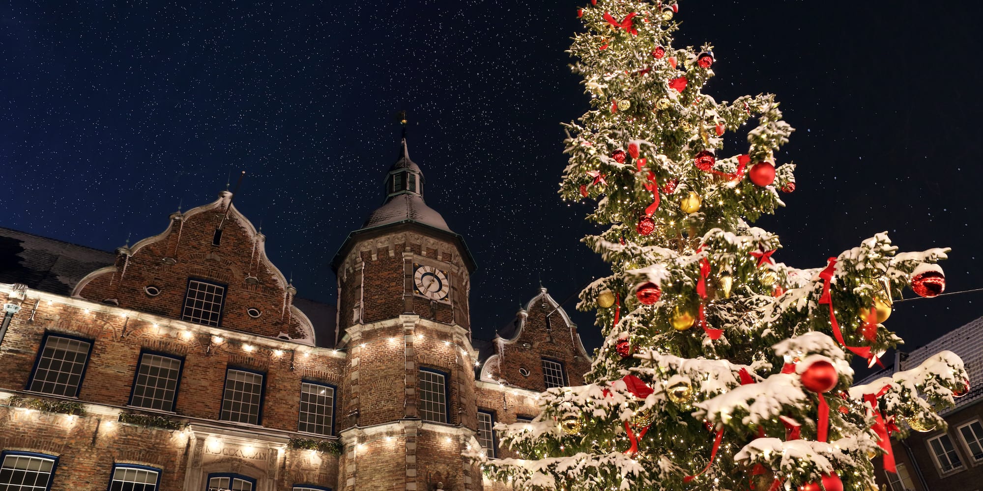 Snowy Christmas tree, historic clock tower, and starry winter night.