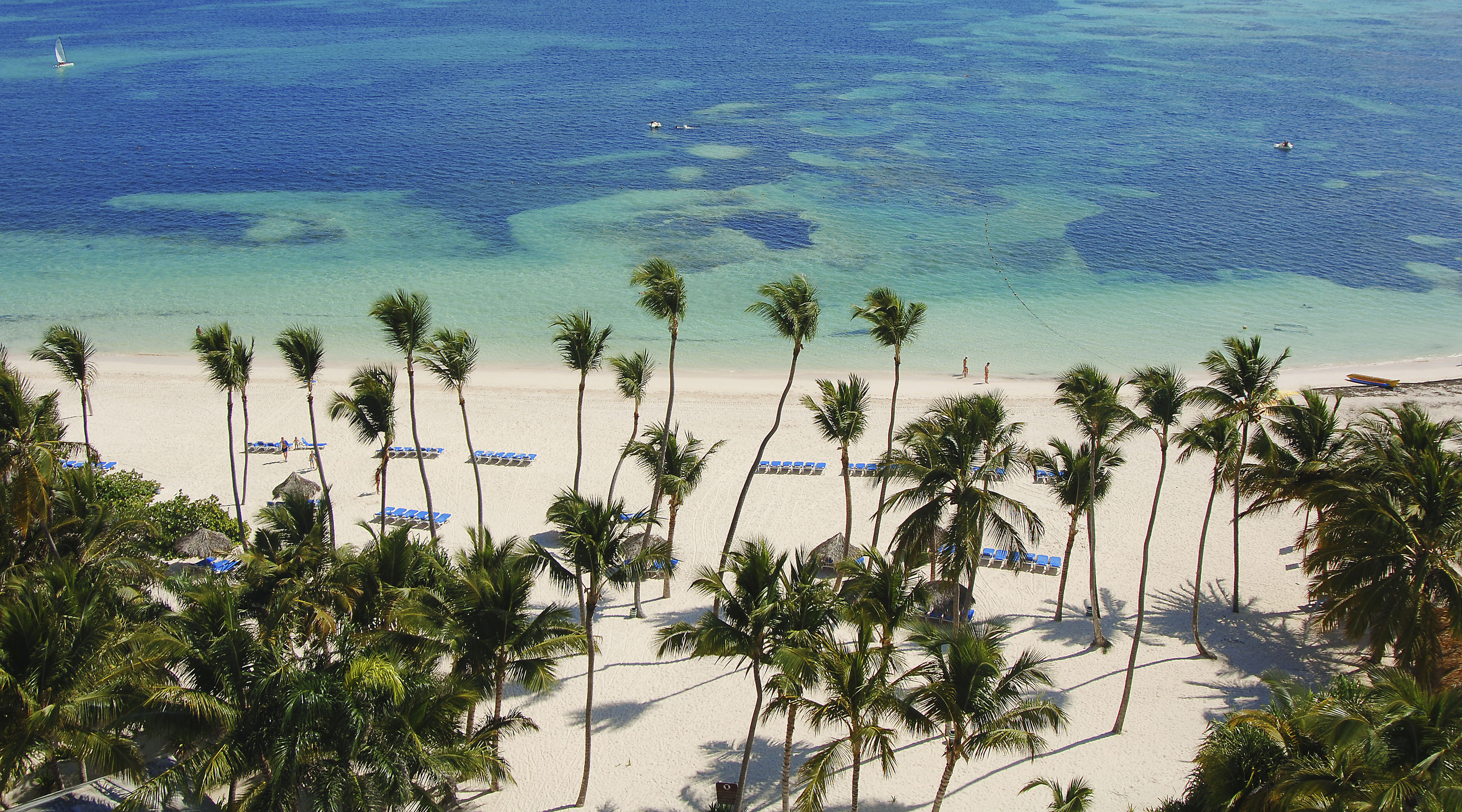 Playa de arena blanca con palmeras, mar azul turquesa y tumbonas en el Caribe.