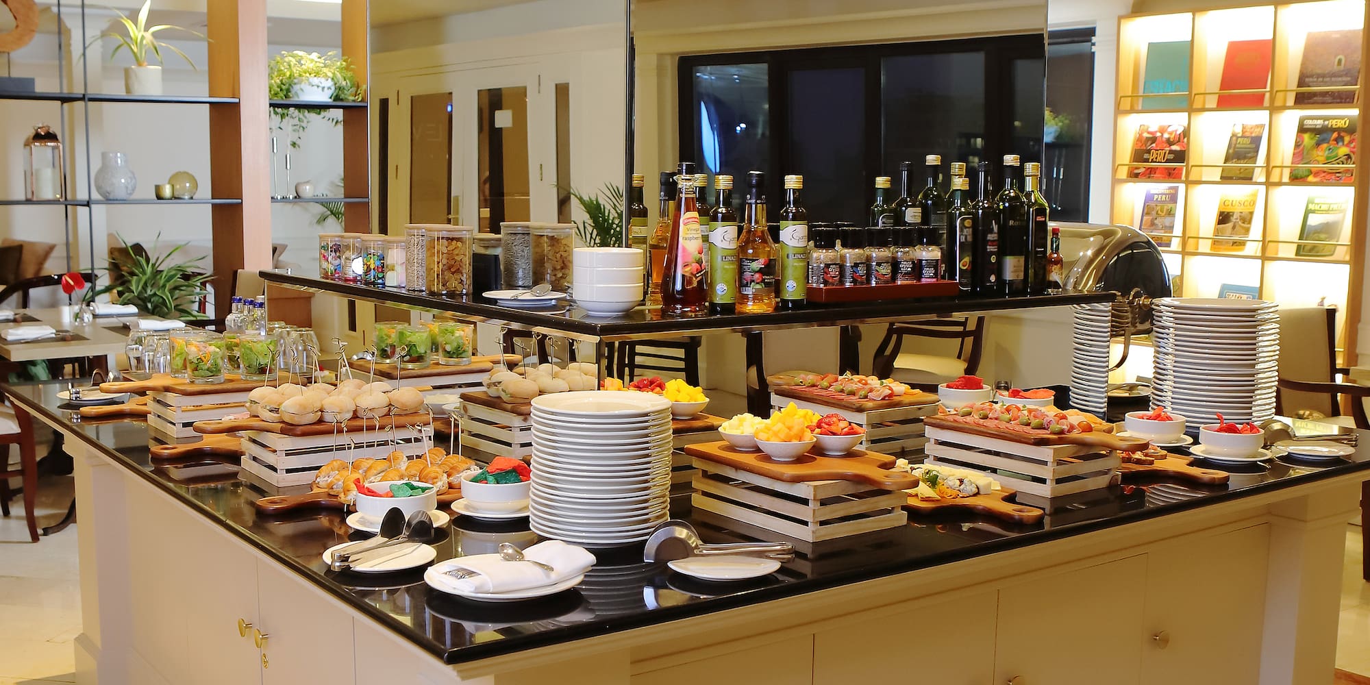 a buffet table with food on it