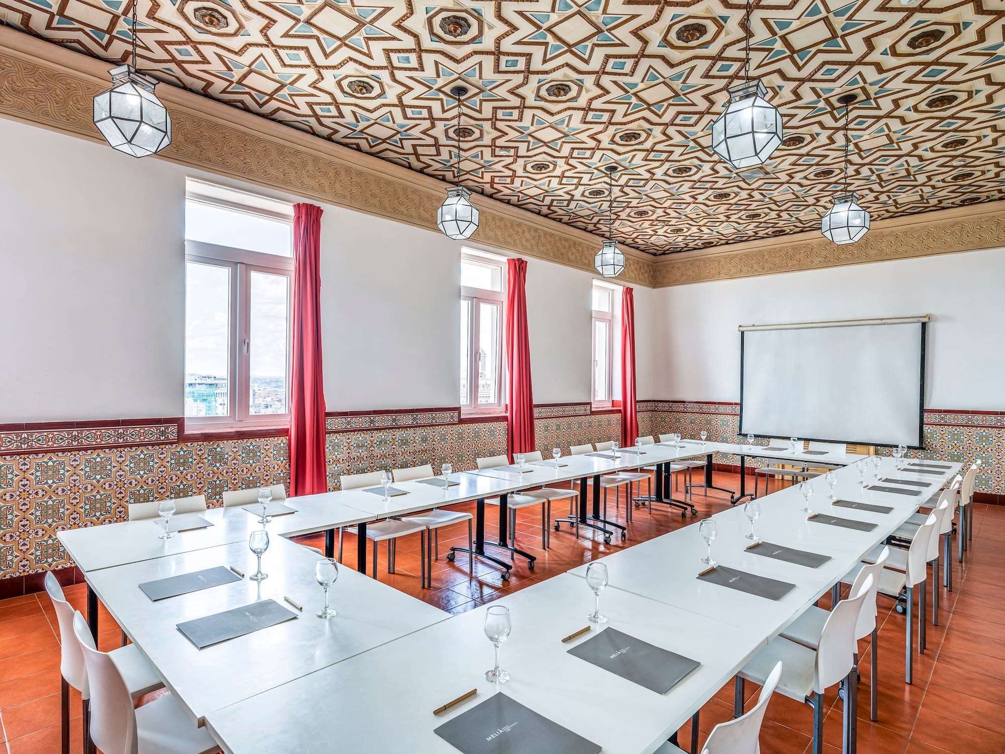 a room with tables and chairs