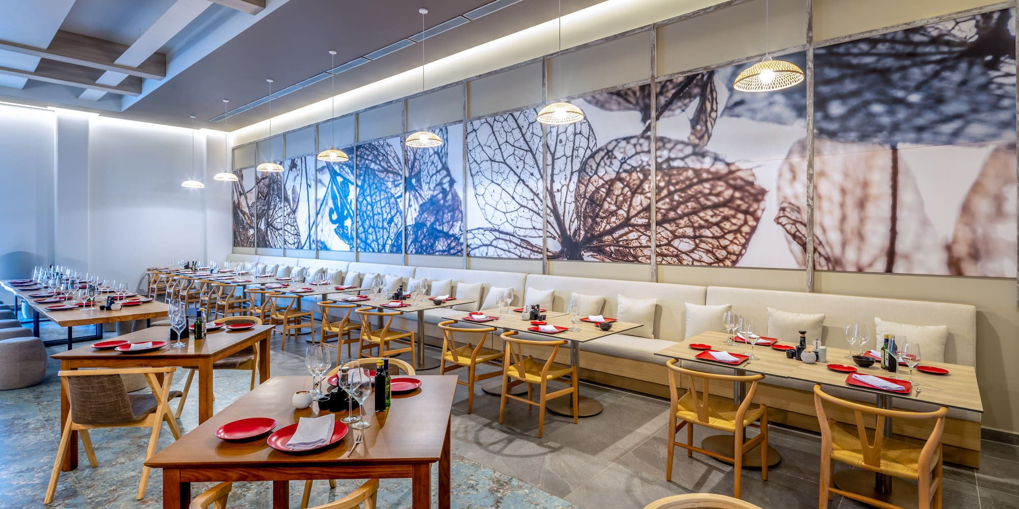 a room with tables and chairs